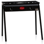 Table de barbecue à gaz, comprenant une plaque de cuisson en acier inoxydable et 2 brûleurs en fonte.