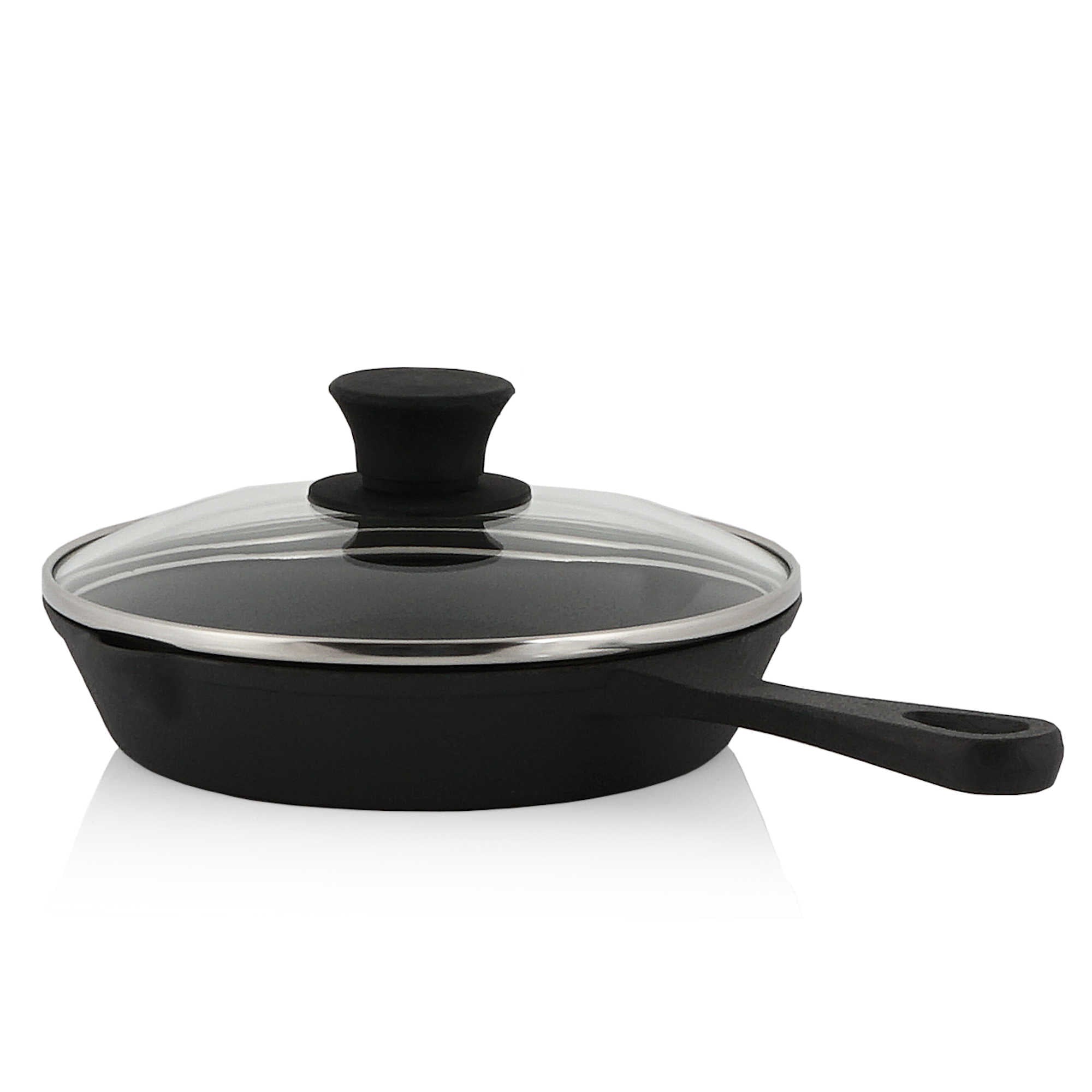 Cast iron pan, cast iron, pre-seasoned, two spouts, including glass lid