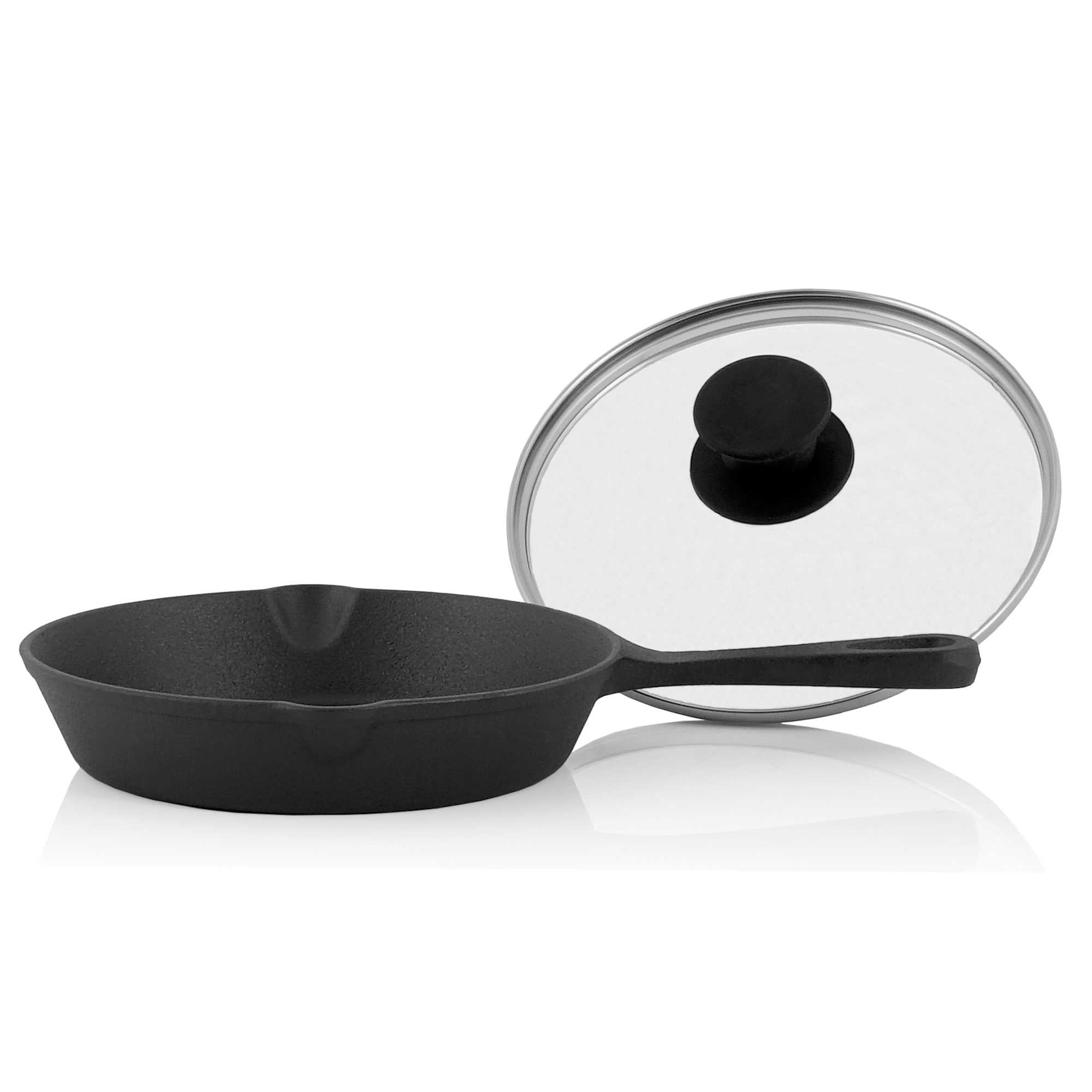 Cast iron pan, cast iron, pre-seasoned, two spouts, including glass lid