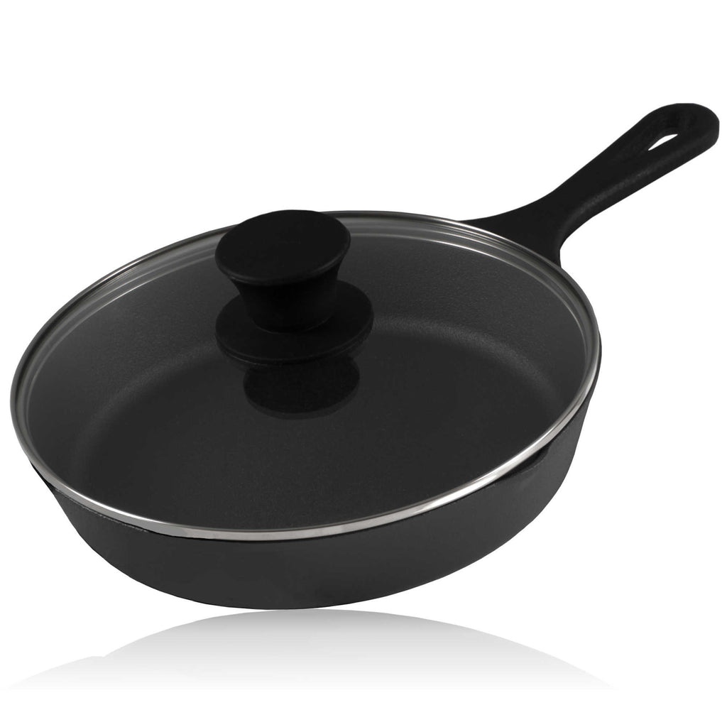 Cast iron pan, cast iron, pre-seasoned, two spouts, including glass lid