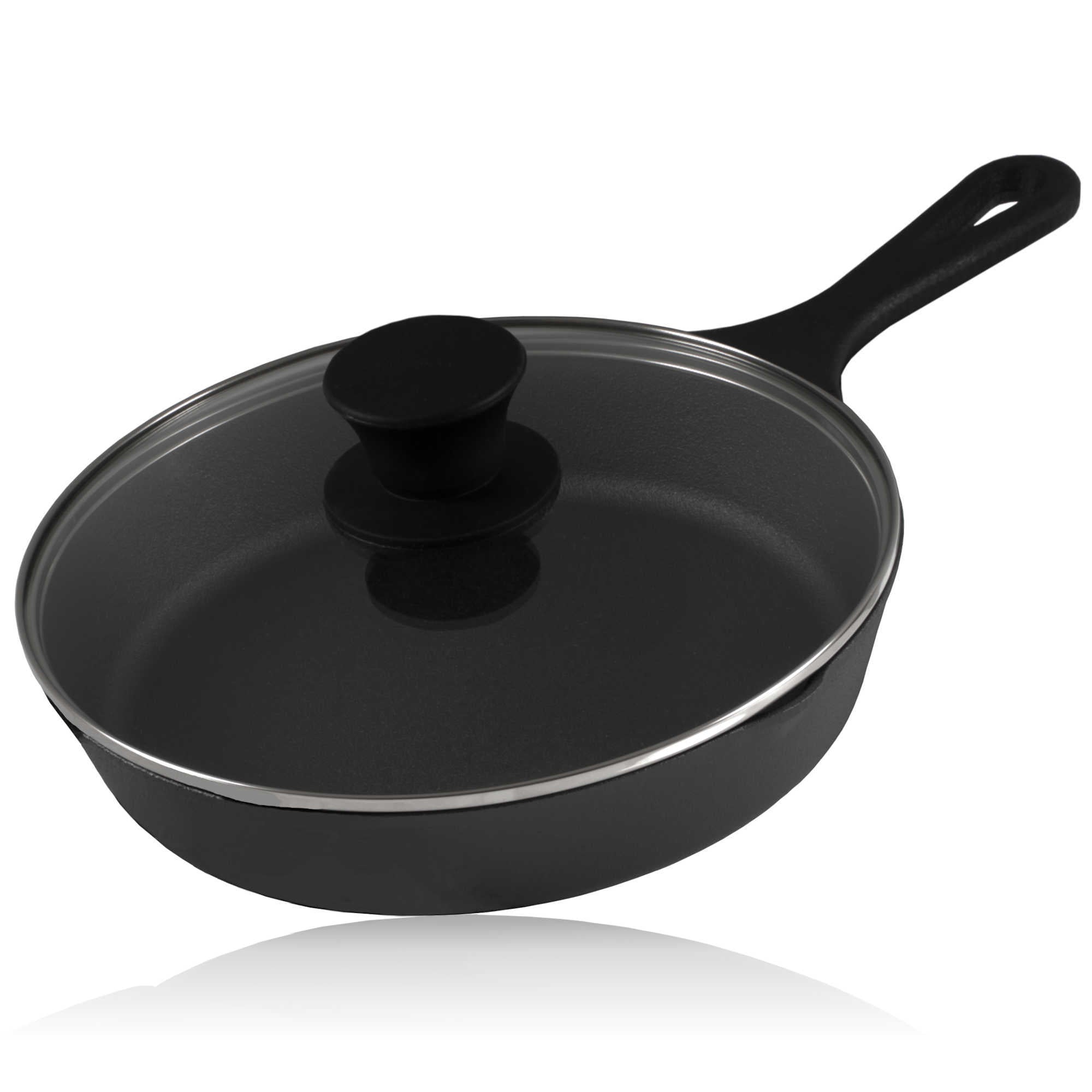 Cast iron pan, cast iron, pre-seasoned, two spouts, including glass lid