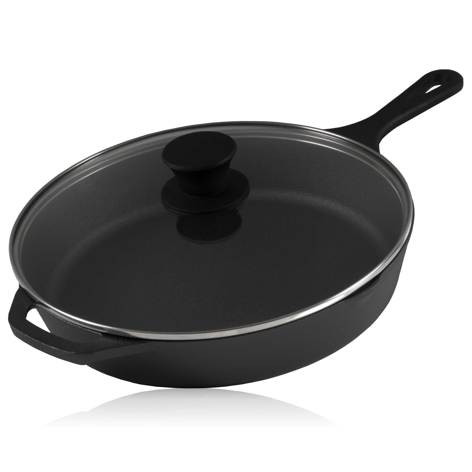 Cast iron pan, cast iron, pre-seasoned, two spouts, including glass lid