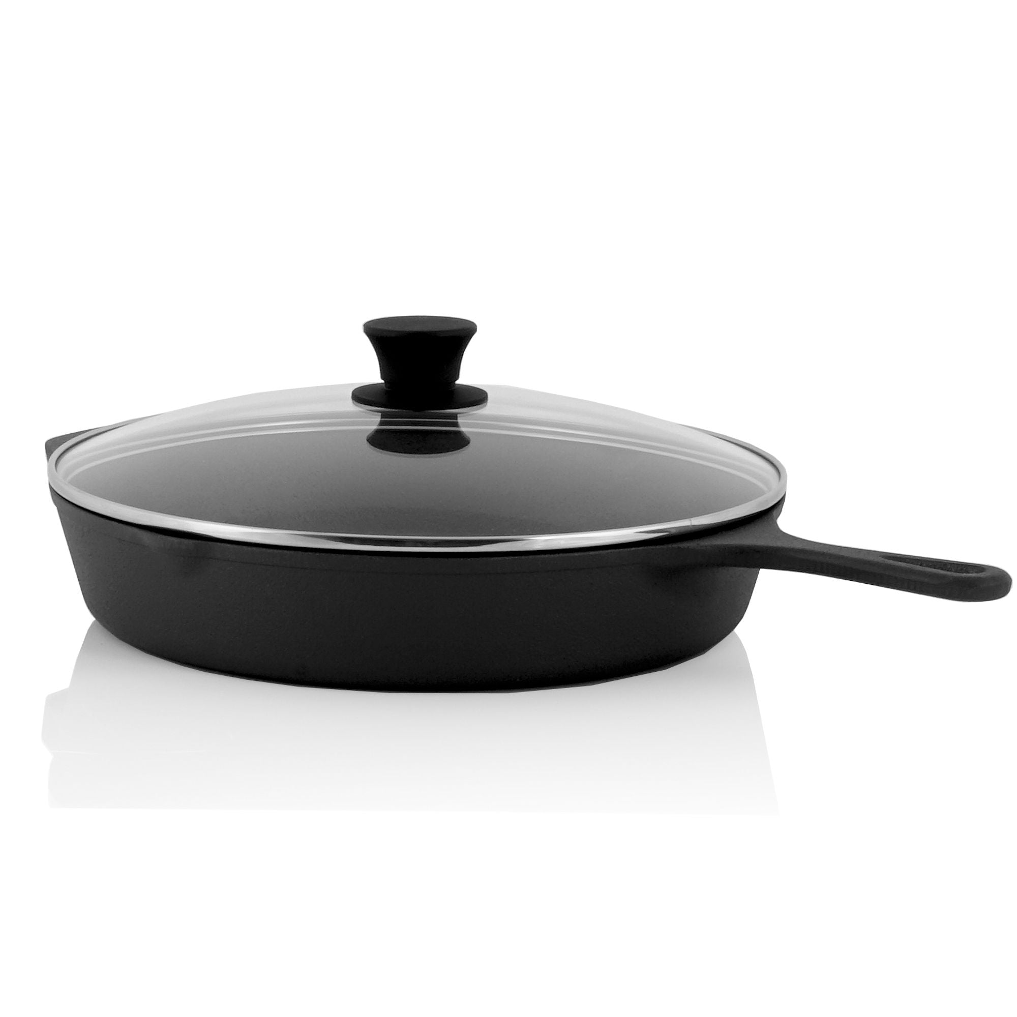 Cast iron pan, cast iron, pre-seasoned, two spouts, including glass lid