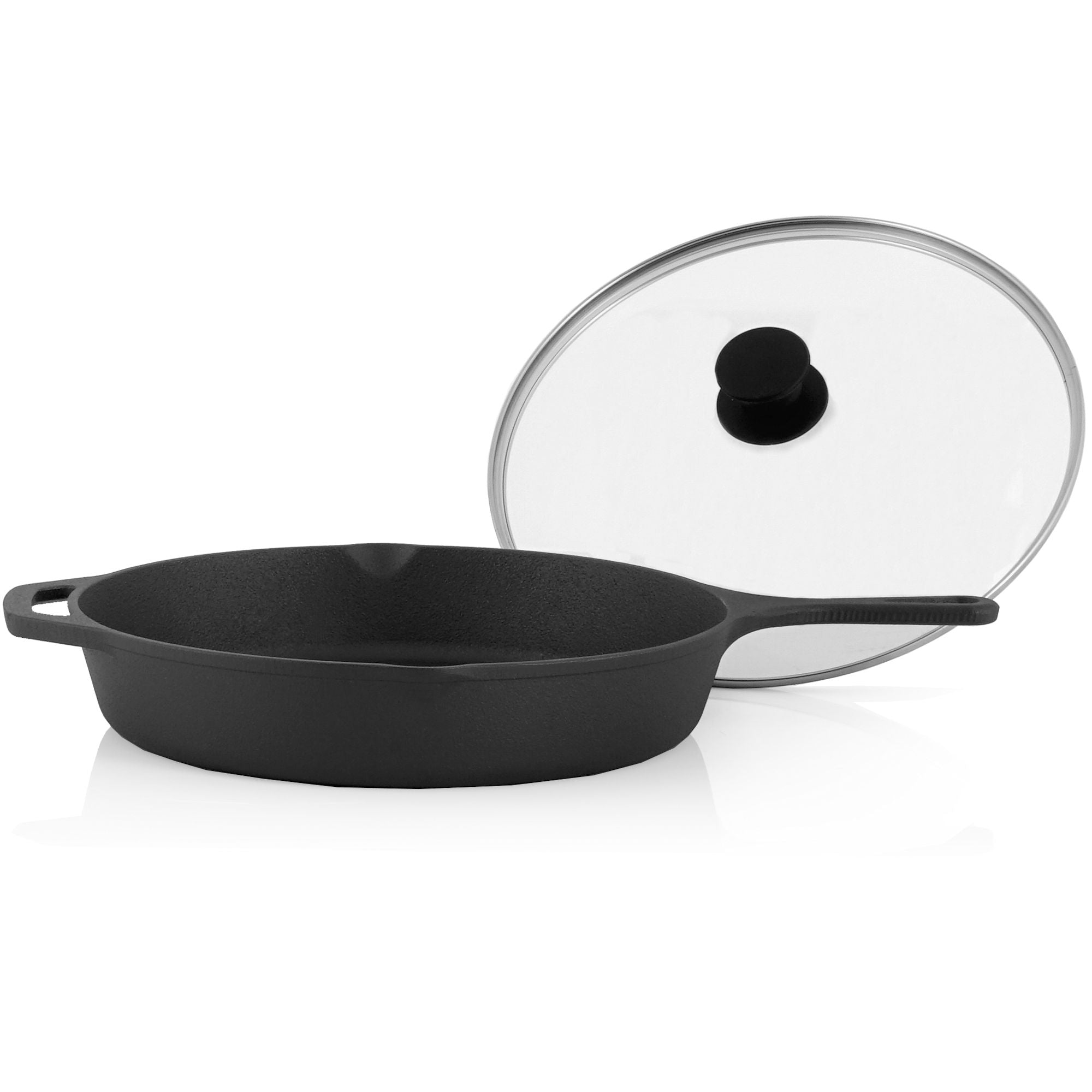 Cast iron pan, cast iron, pre-seasoned, two spouts, including glass lid