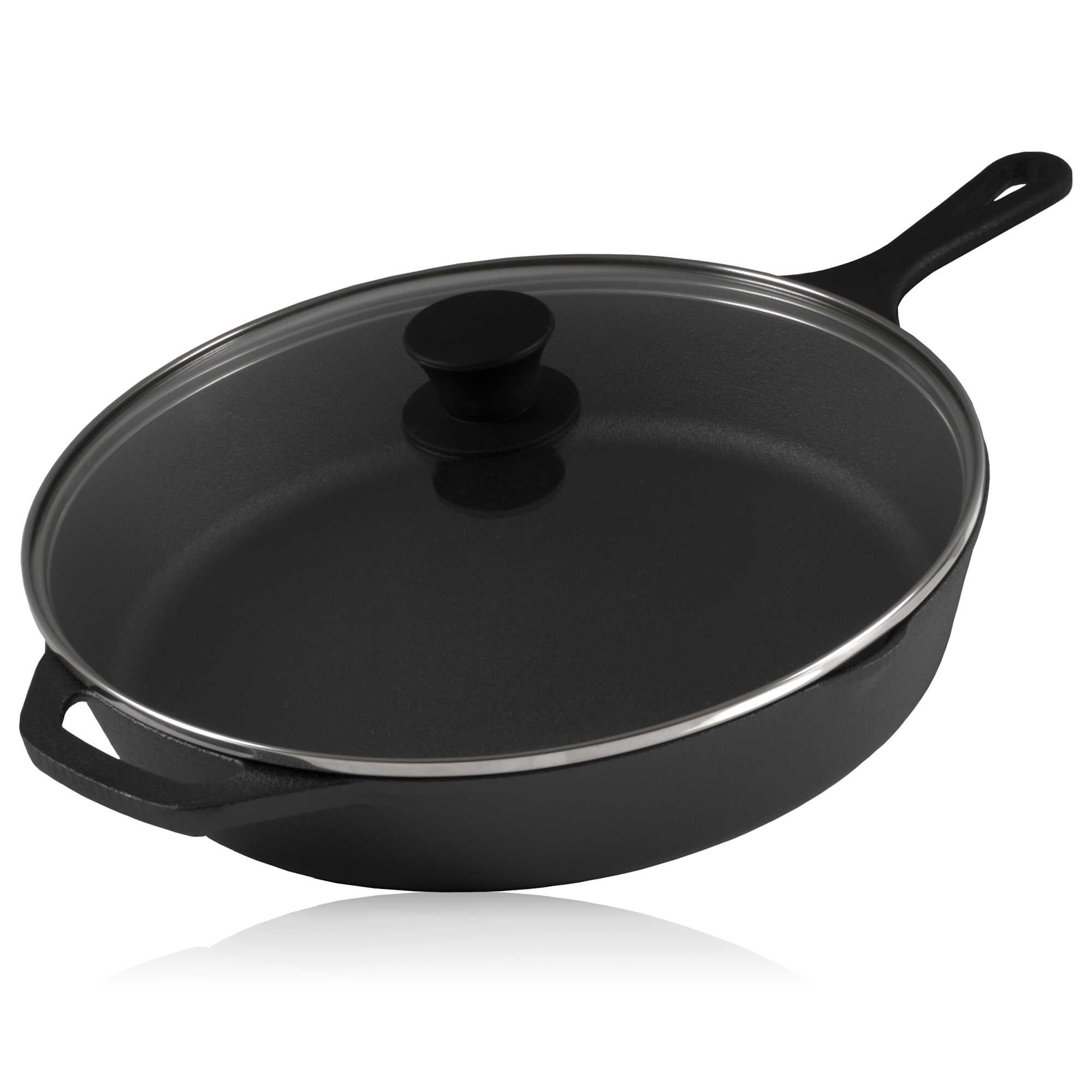 Cast iron pan, cast iron, pre-seasoned, two spouts, including glass lid