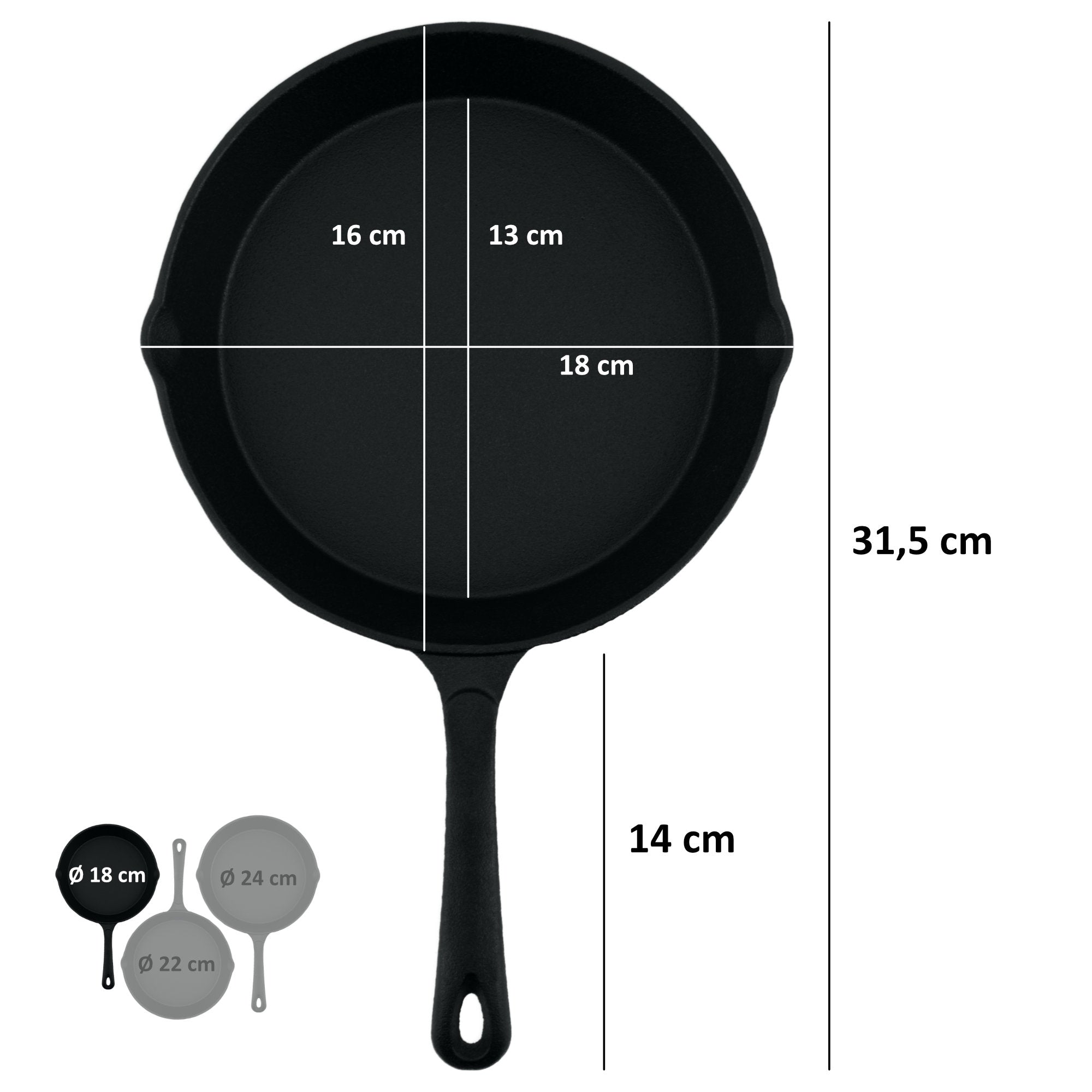 Pan set, Ø 16 cm, Ø 20 cm, Ø 24 cm, cast iron