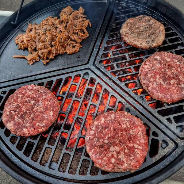 Ensemble plancha, grille 2/3, plaque de cuisson 1/3, Ø 54,5 cm, fonte, pré-culottée