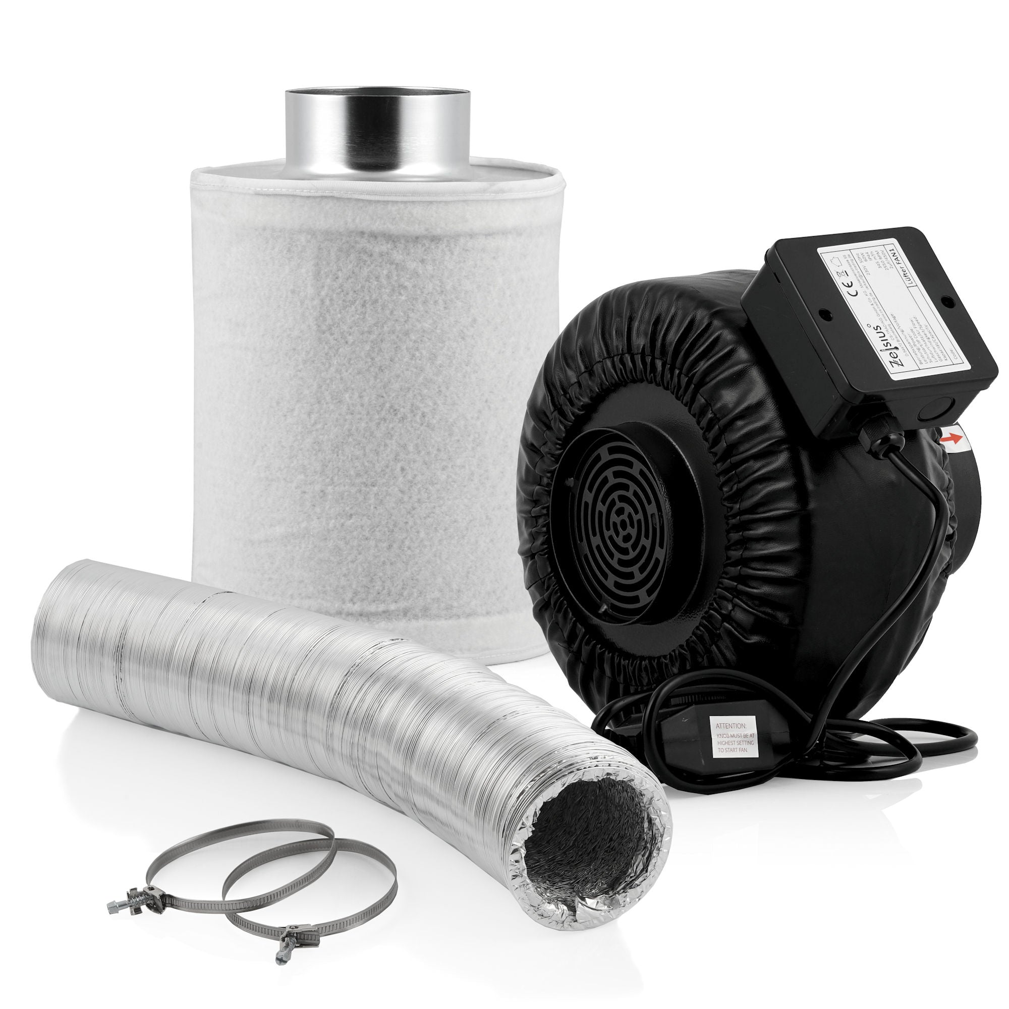 Kit de culture « Premium », Ø100 mm, comprenant un extracteur d’air, un filtre à charbon actif et un tuyau flexible.