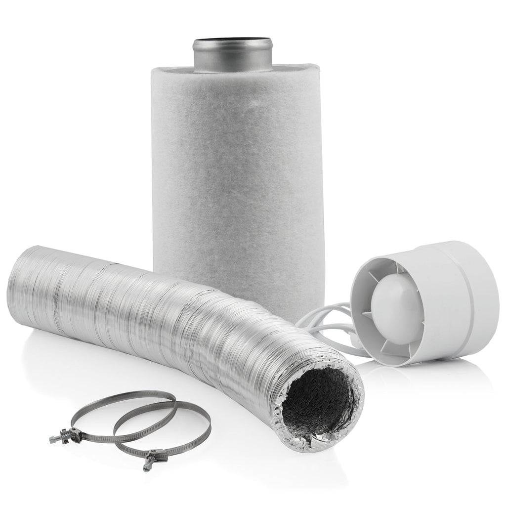 Kit de culture « Basique », Ø100 mm, comprenant un extracteur d’air, un filtre à charbon actif et un tuyau flexible.