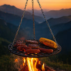 Grille de barbecue, Ø 54 cm, en fonte pré-culottée, avec système de suspension par corde.