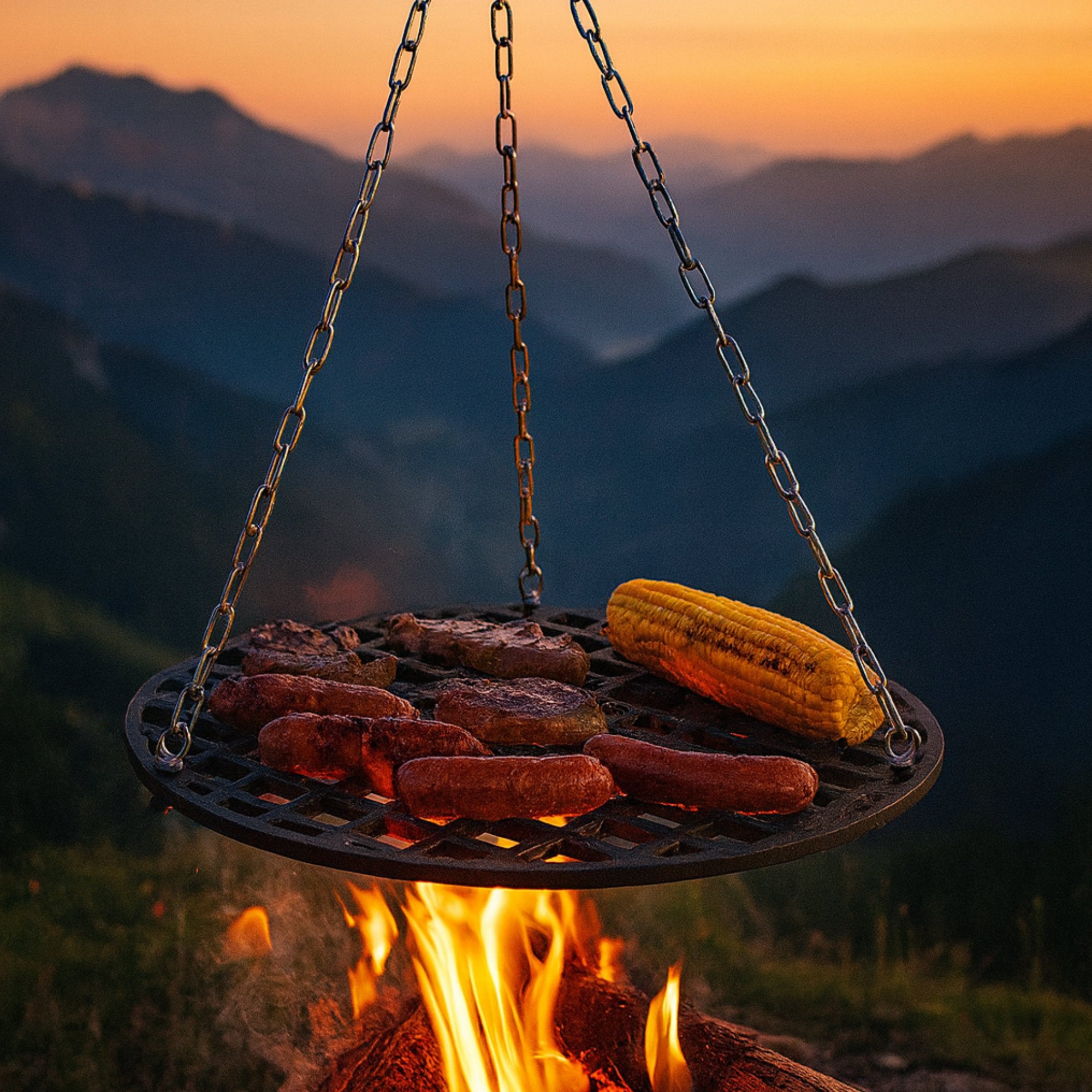Grille de barbecue, Ø 54 cm, en fonte pré-culottée, avec système de suspension par corde.