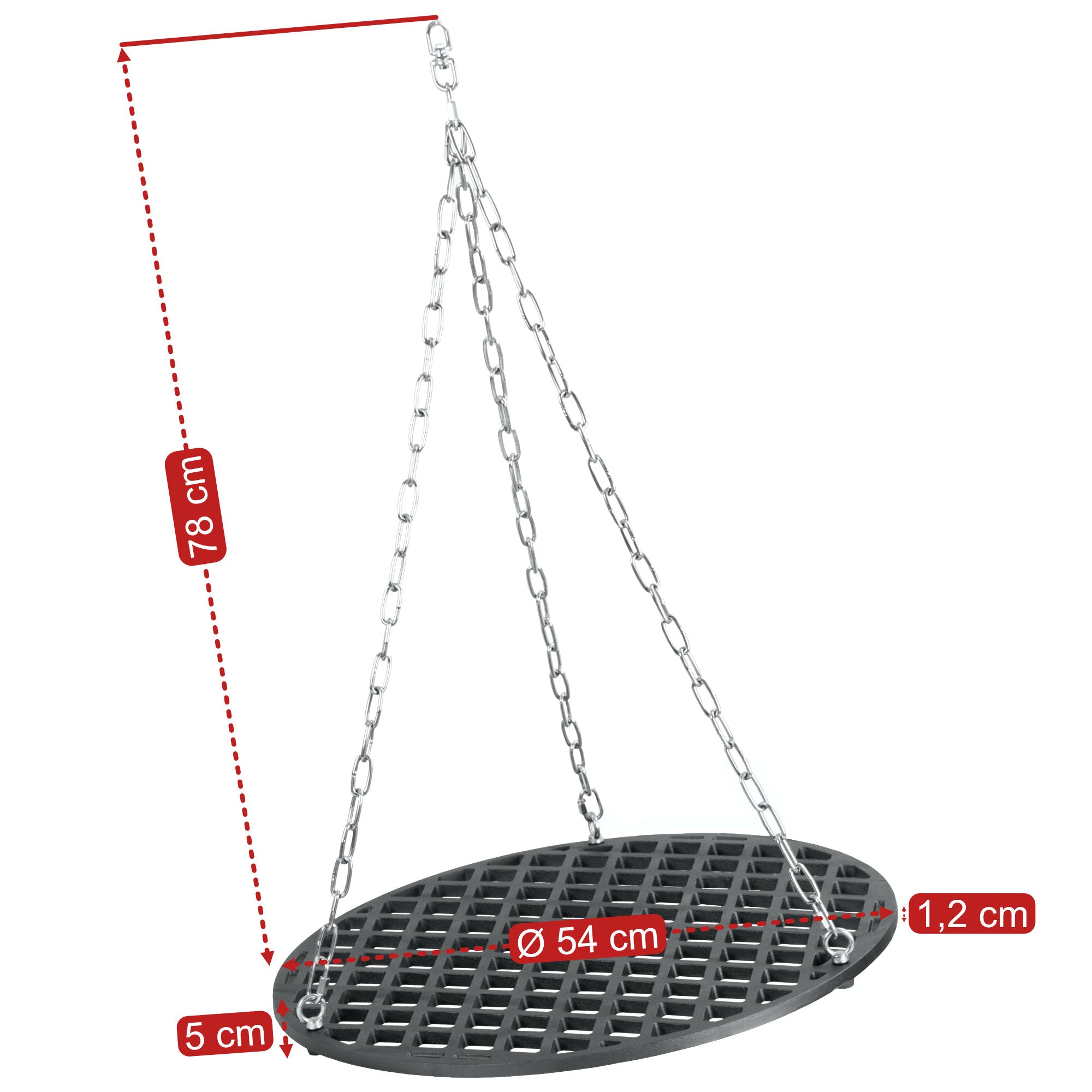 Grille de barbecue, Ø 54 cm, en fonte pré-culottée, avec système de suspension par corde.