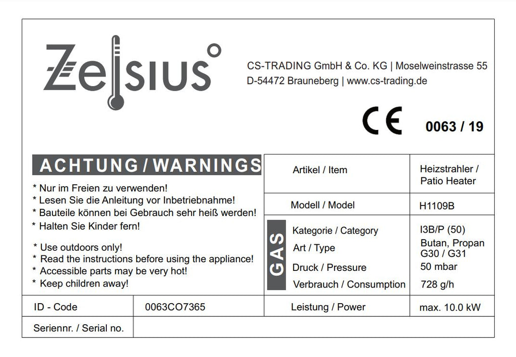 Gas patio heater "Graz", Ø 43 x 152 cm, 10 kW, stainless steel