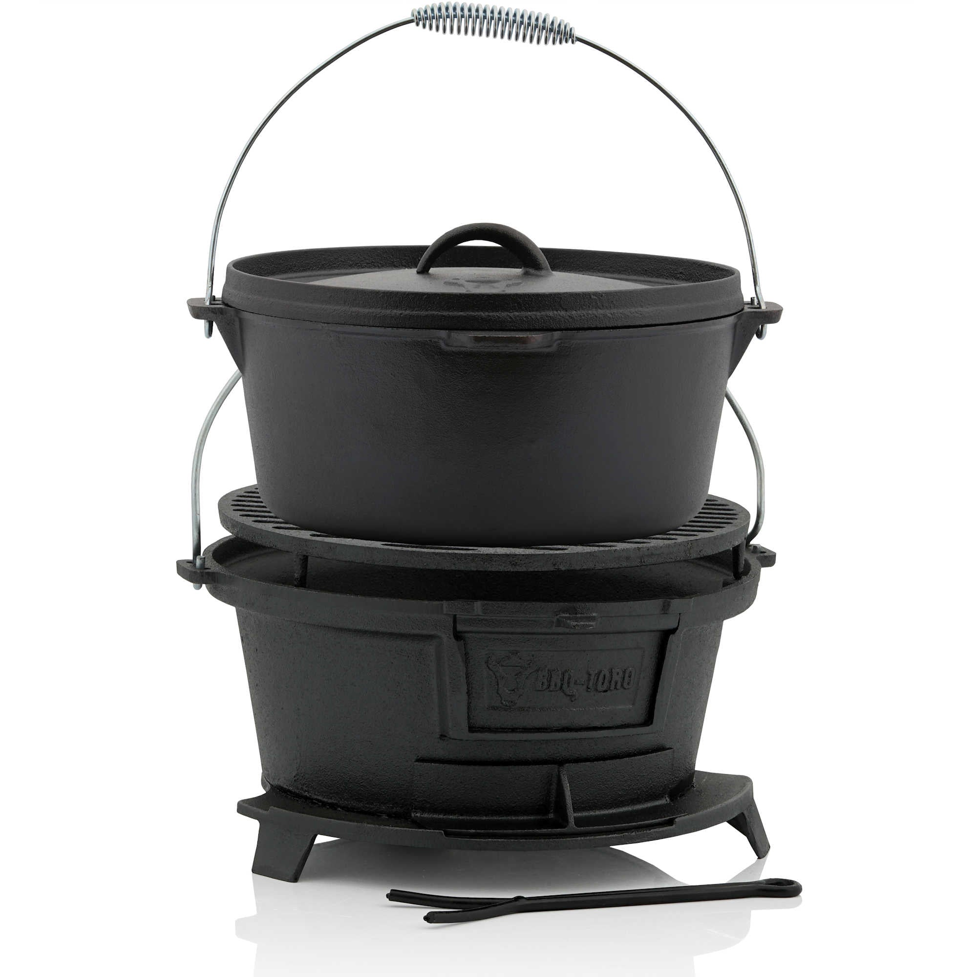 Kit de survie 6 pièces, comprenant une cocotte en fonte, une marmite à griller, une pierre à feu, un allume-feu et du charbon de bois.