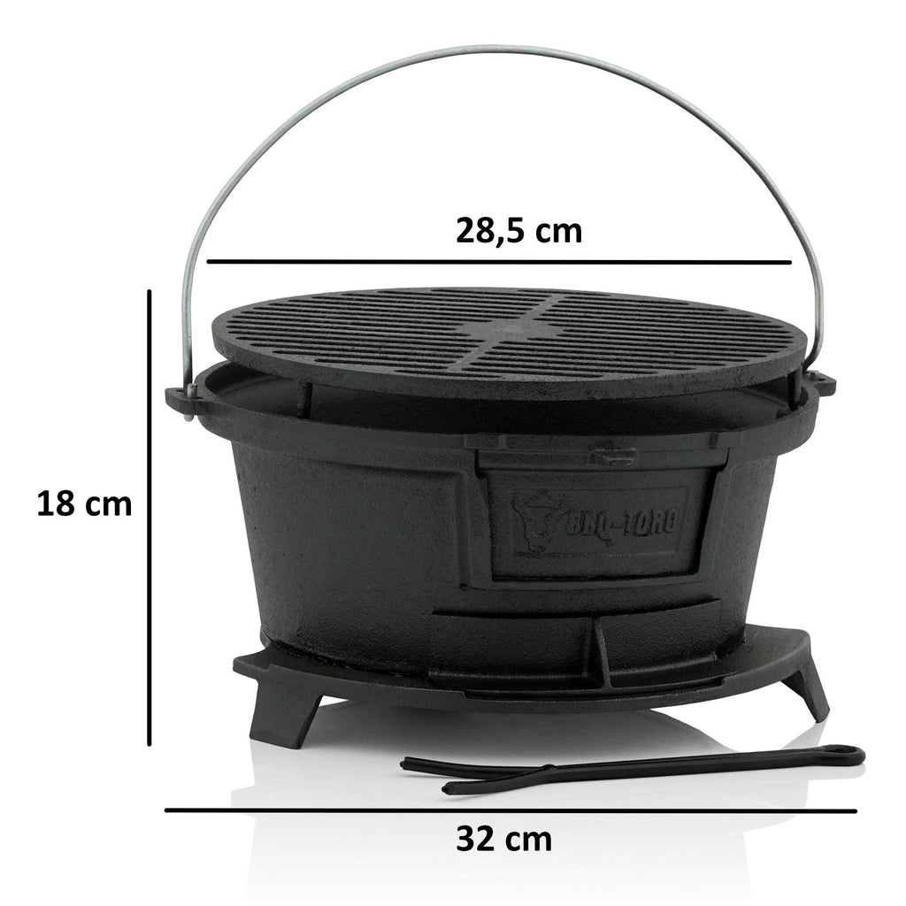 Kit de survie 6 pièces, comprenant une cocotte en fonte, une marmite à griller, une pierre à feu, un allume-feu et du charbon de bois.