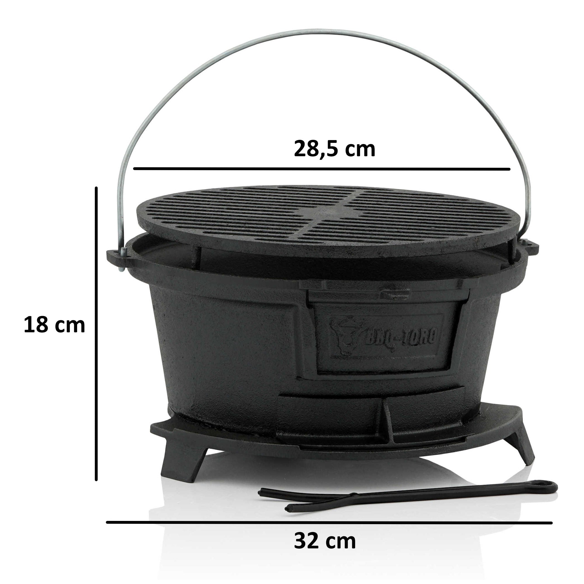 Kit de survie 6 pièces, comprenant une cocotte en fonte, une marmite à griller, une pierre à feu, un allume-feu et du charbon de bois.