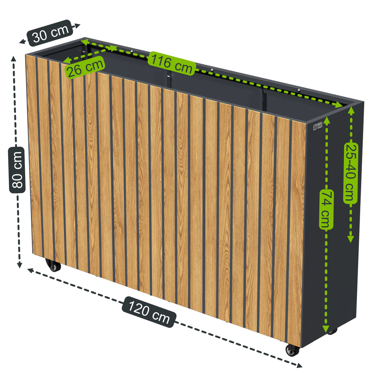 Raised bed, 120 x 30 x 80 cm, Anthracite RAL 7016, incl. castors