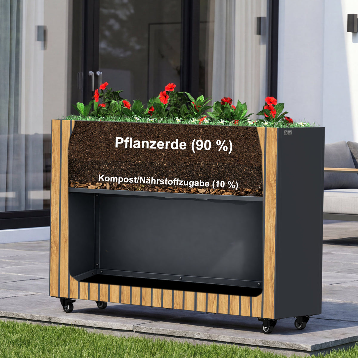Raised bed, 120 x 30 x 80 cm, Anthracite RAL 7016, incl. castors