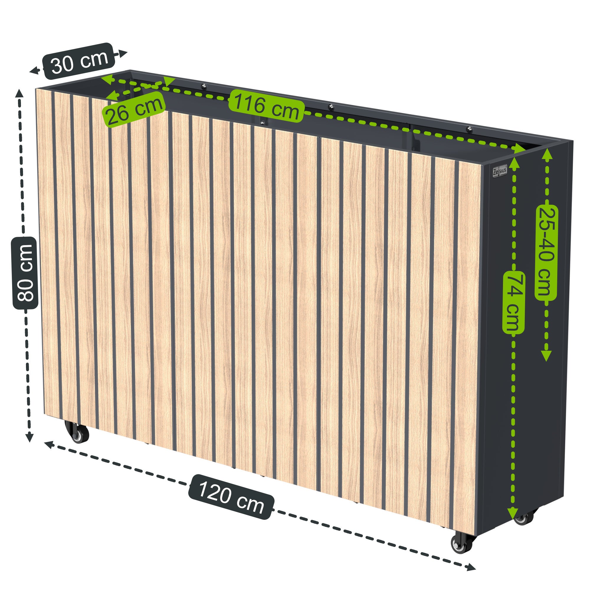Hochbeet, 120 x 30 x 80 cm, Anthrazit RAL 7016, inkl. Rollen