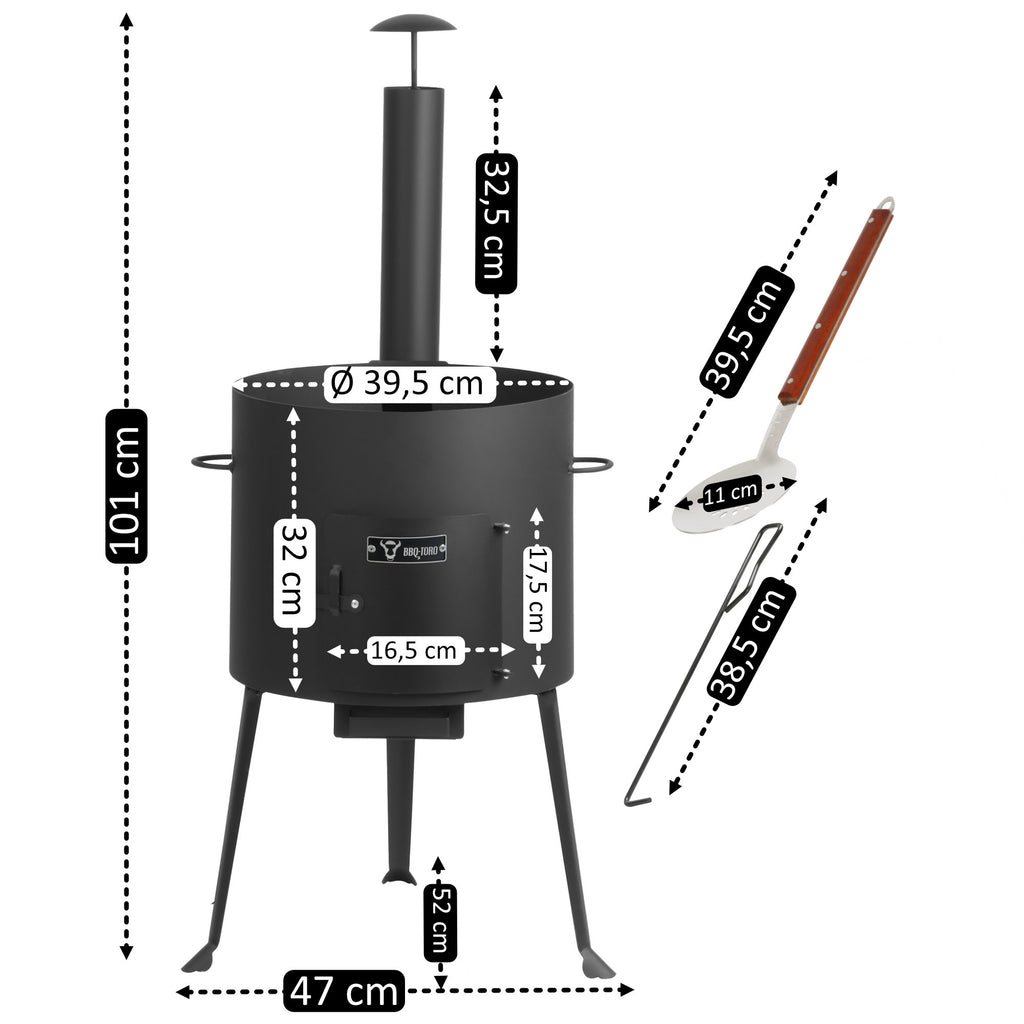 Kazan Ofen, Gulaschkessel, inkl. Schaumlöffel, Schürhaken