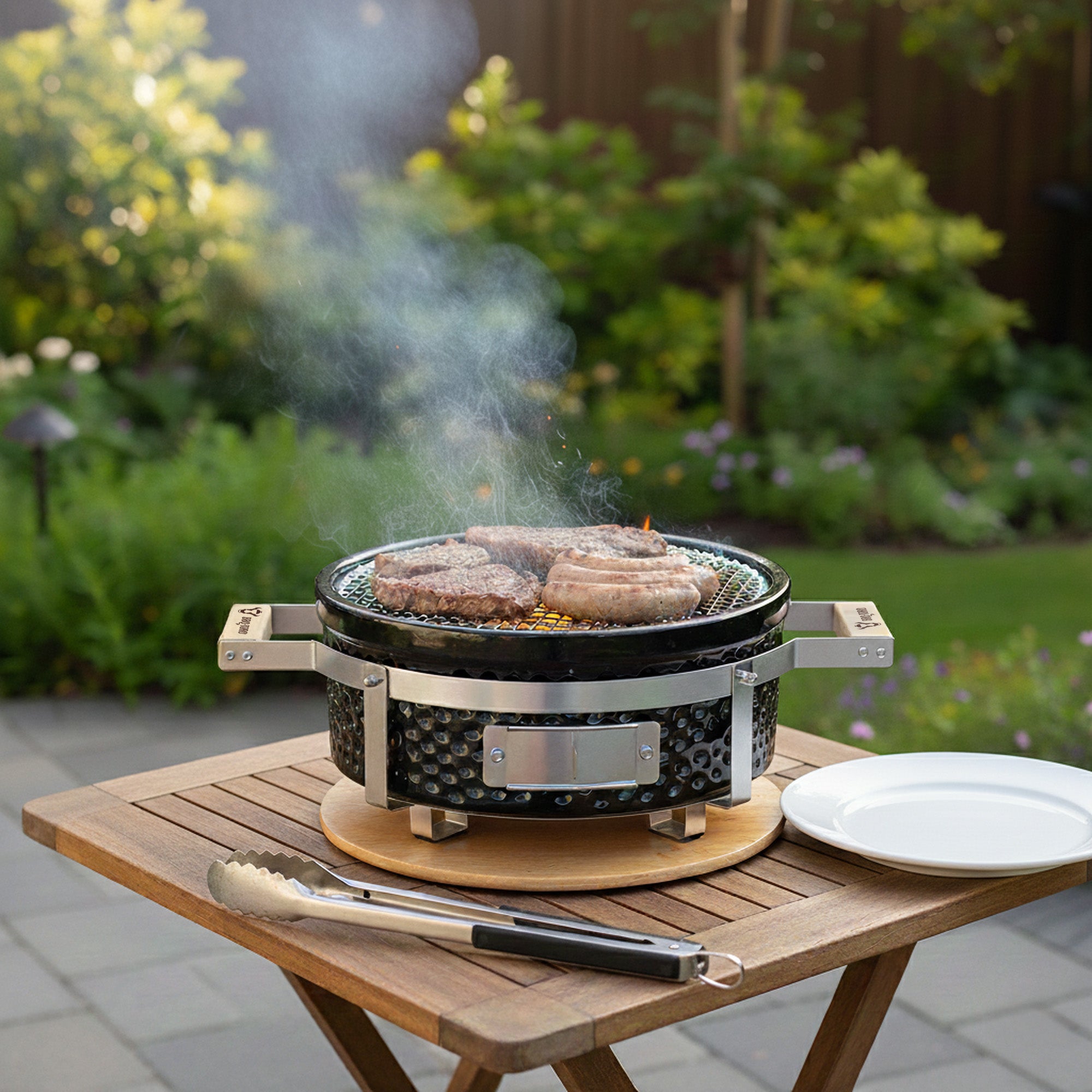 Charcoal table grill, Ø 29.5 cm, ceramic, including wooden base.