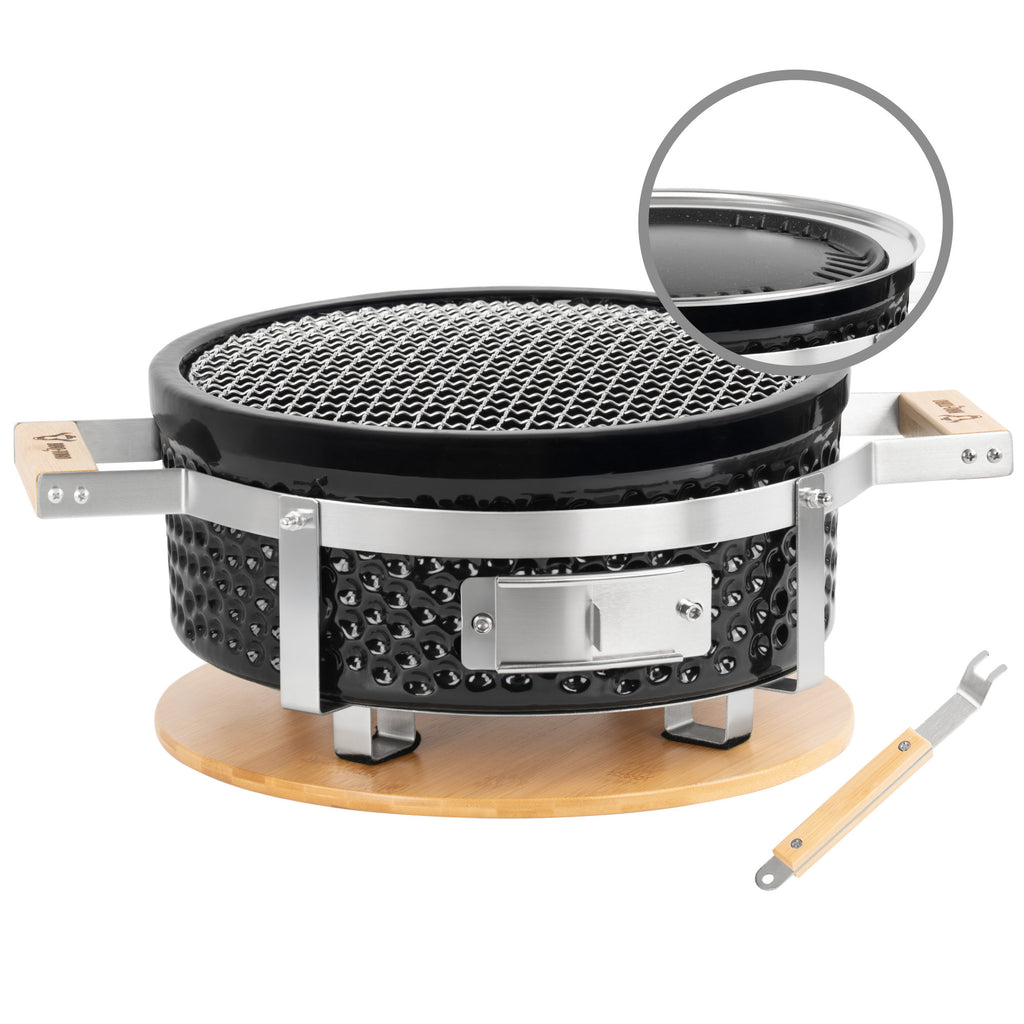 Barbecue de table au charbon de bois, Ø 29,5 cm, en céramique, avec base en bois.