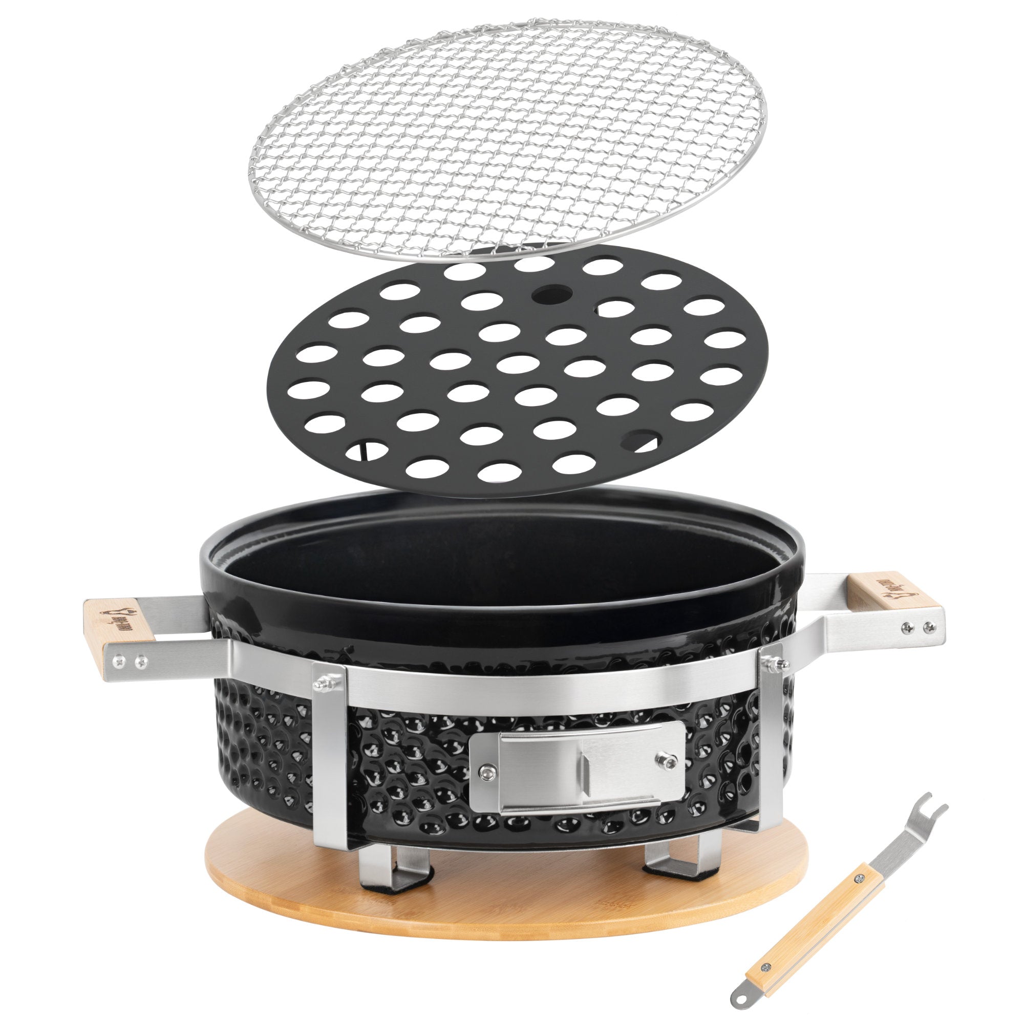 Charcoal table grill, Ø 29.5 cm, ceramic, including wooden base.