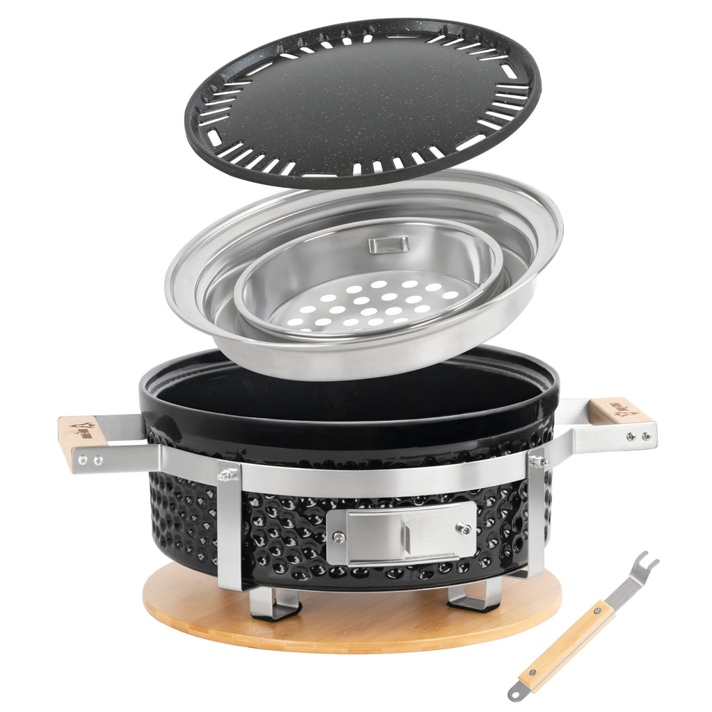 Barbecue de table au charbon de bois, Ø 29,5 cm, en céramique, avec base en bois.