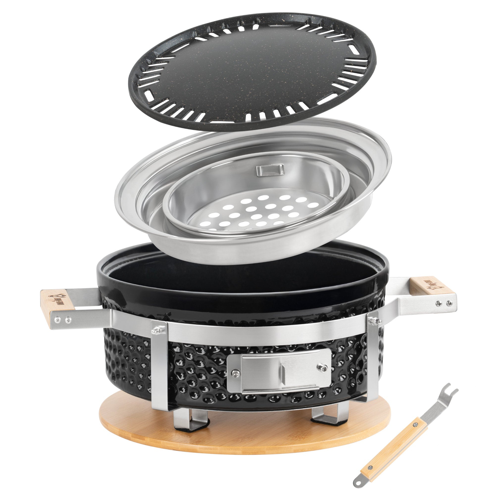 Charcoal table grill, Ø 29.5 cm, ceramic, including wooden base.