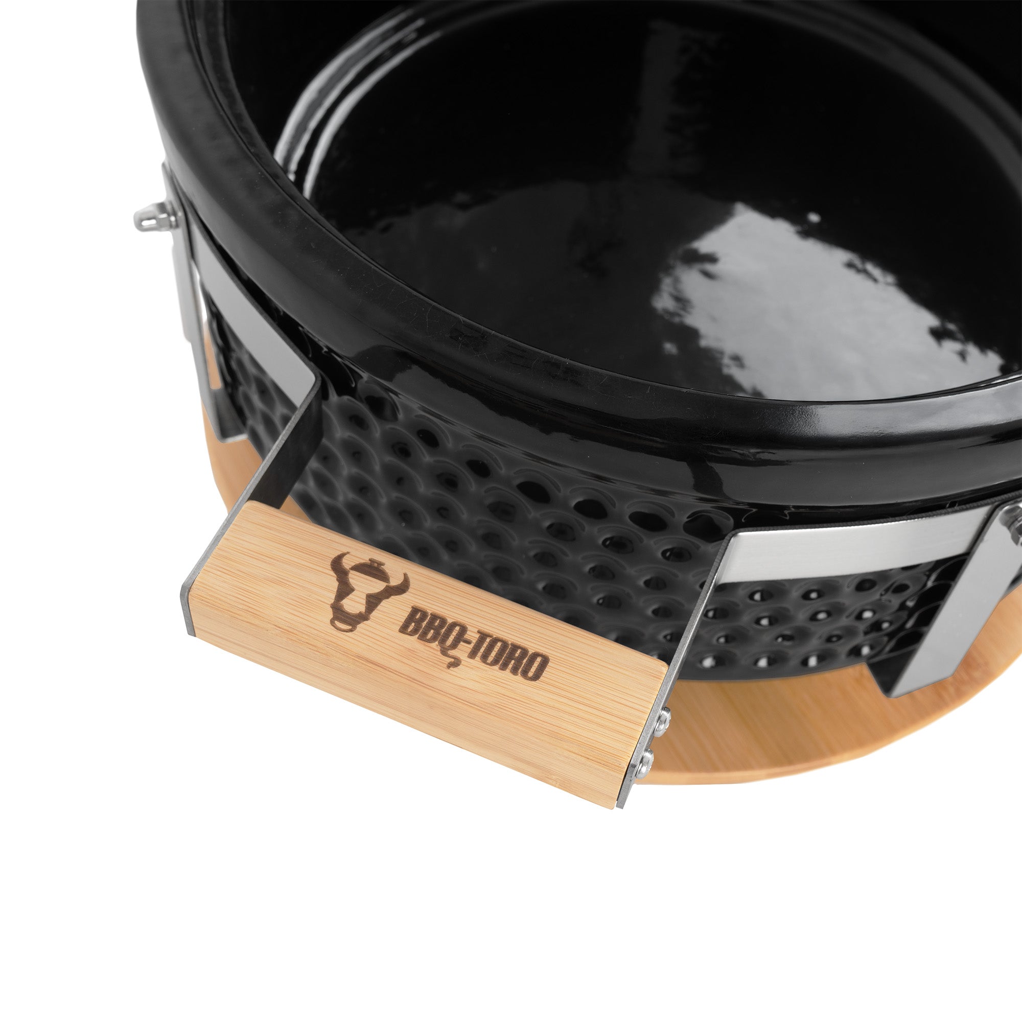 Barbecue de table au charbon de bois, Ø 29,5 cm, en céramique, avec base en bois.