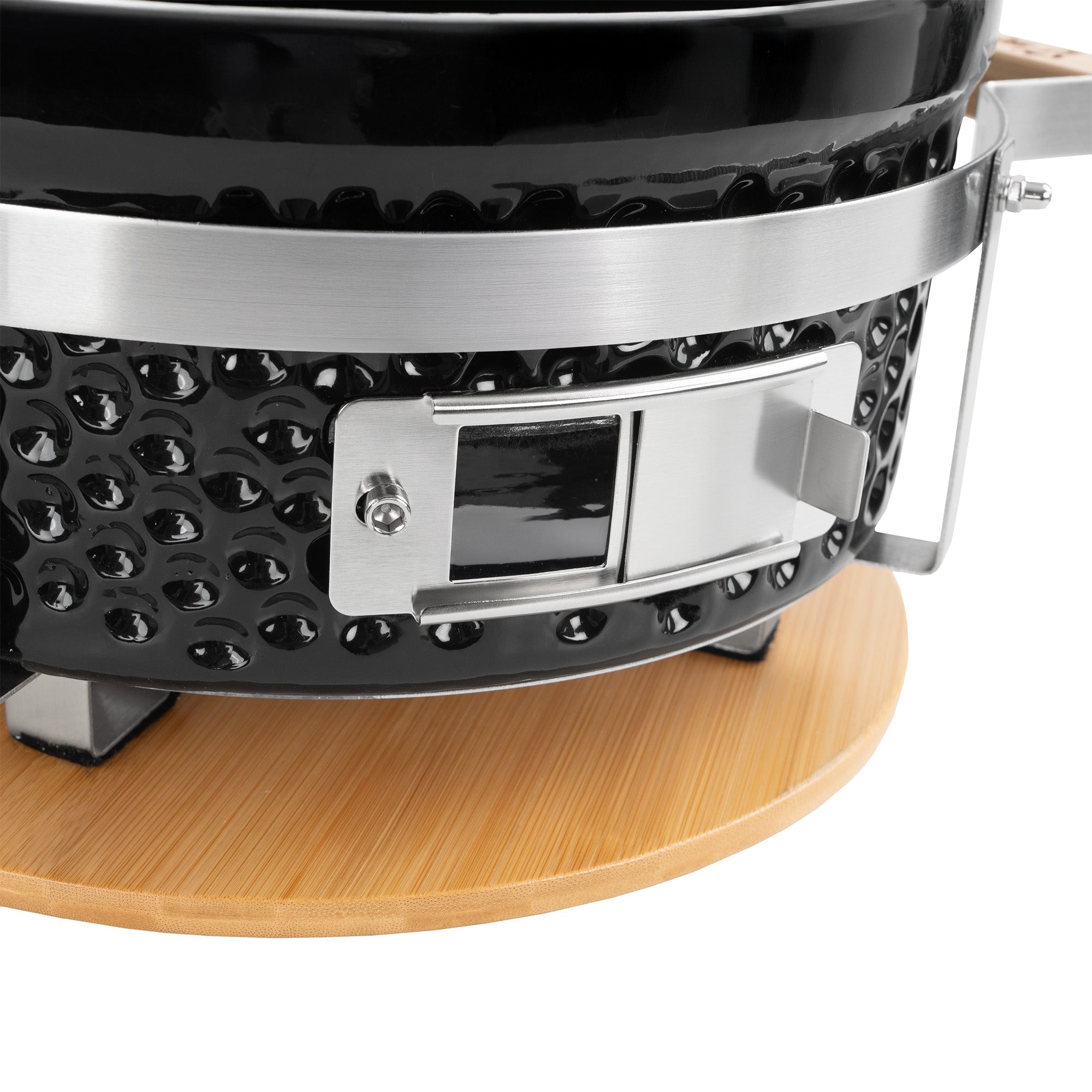 Barbecue de table au charbon de bois, Ø 29,5 cm, en céramique, avec base en bois.