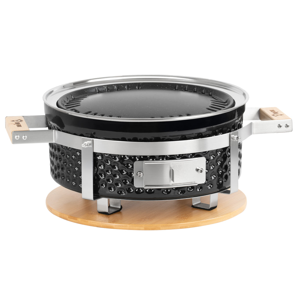 Barbecue de table au charbon de bois, Ø 29,5 cm, en céramique, avec base en bois.