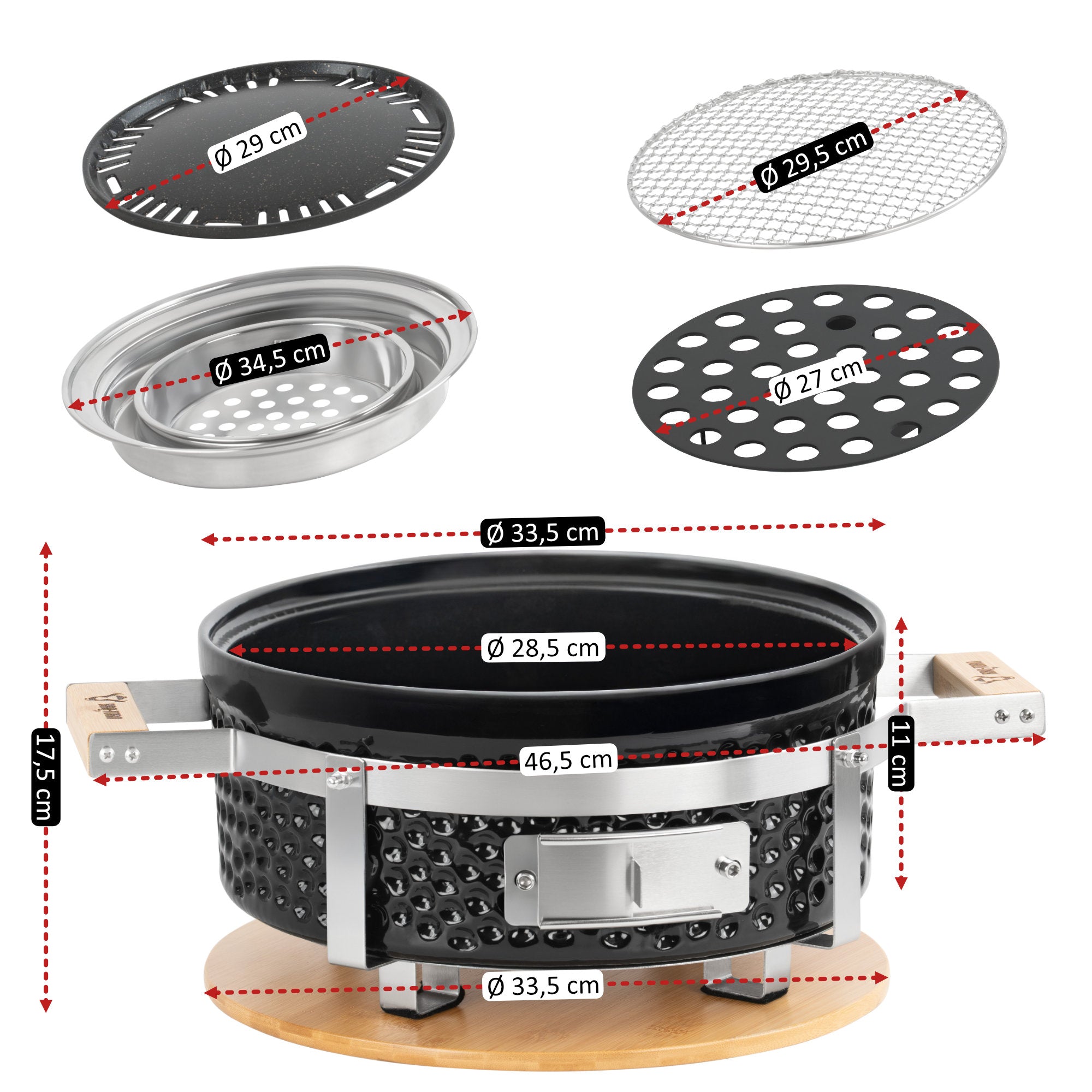 Barbecue de table au charbon de bois, Ø 29,5 cm, en céramique, avec base en bois.