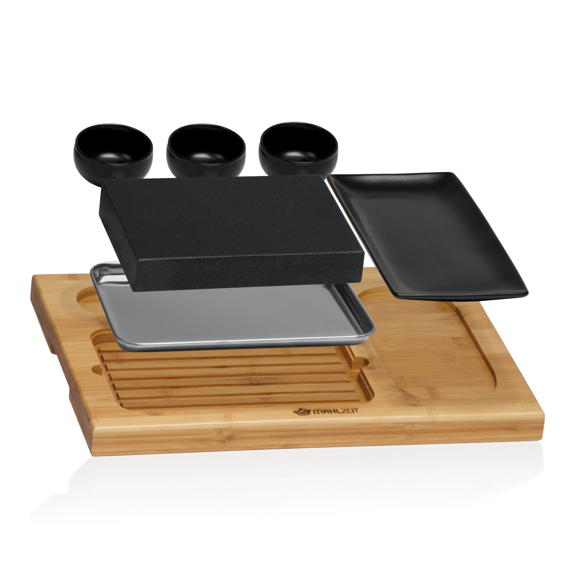 Ensemble en pierre de lave, 7 pièces, comprenant pierre chaude, assiettes et bols à trempette