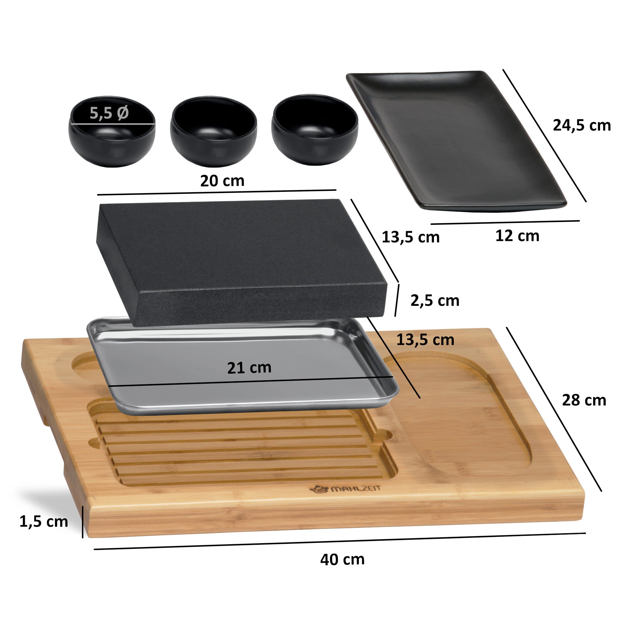 Ensemble en pierre de lave, 7 pièces, comprenant pierre chaude, assiettes et bols à trempette