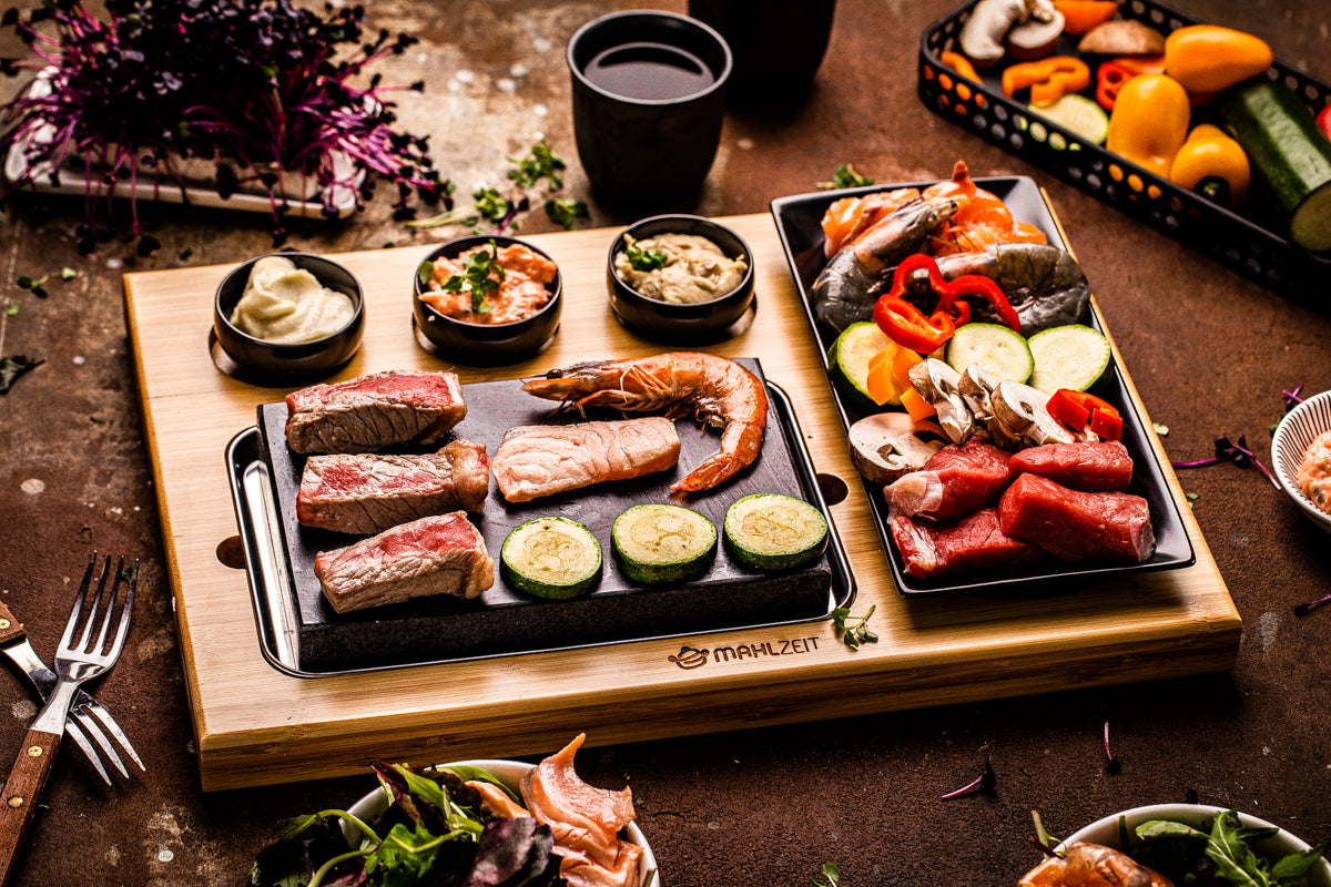 Ensemble en pierre de lave, 7 pièces, comprenant pierre chaude, assiettes et bols à trempette