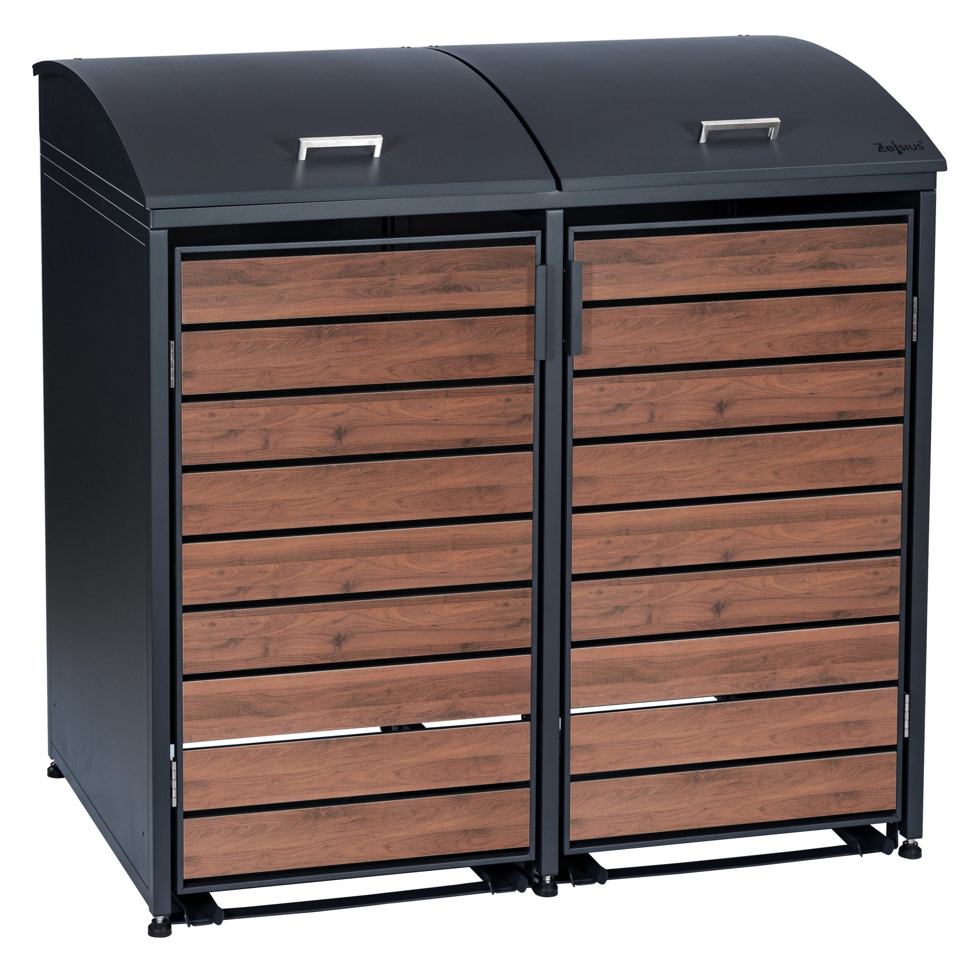 Bin storage unit, set of 2, anthracite RAL 7016, door with wood look, including rounded lid