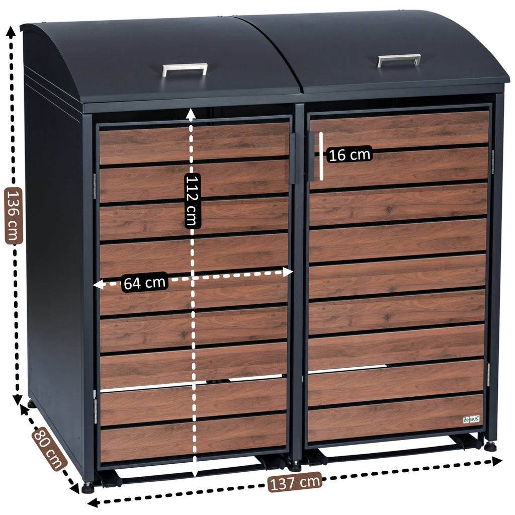 Bin storage unit, set of 2, anthracite RAL 7016, door with wood look, including rounded lid