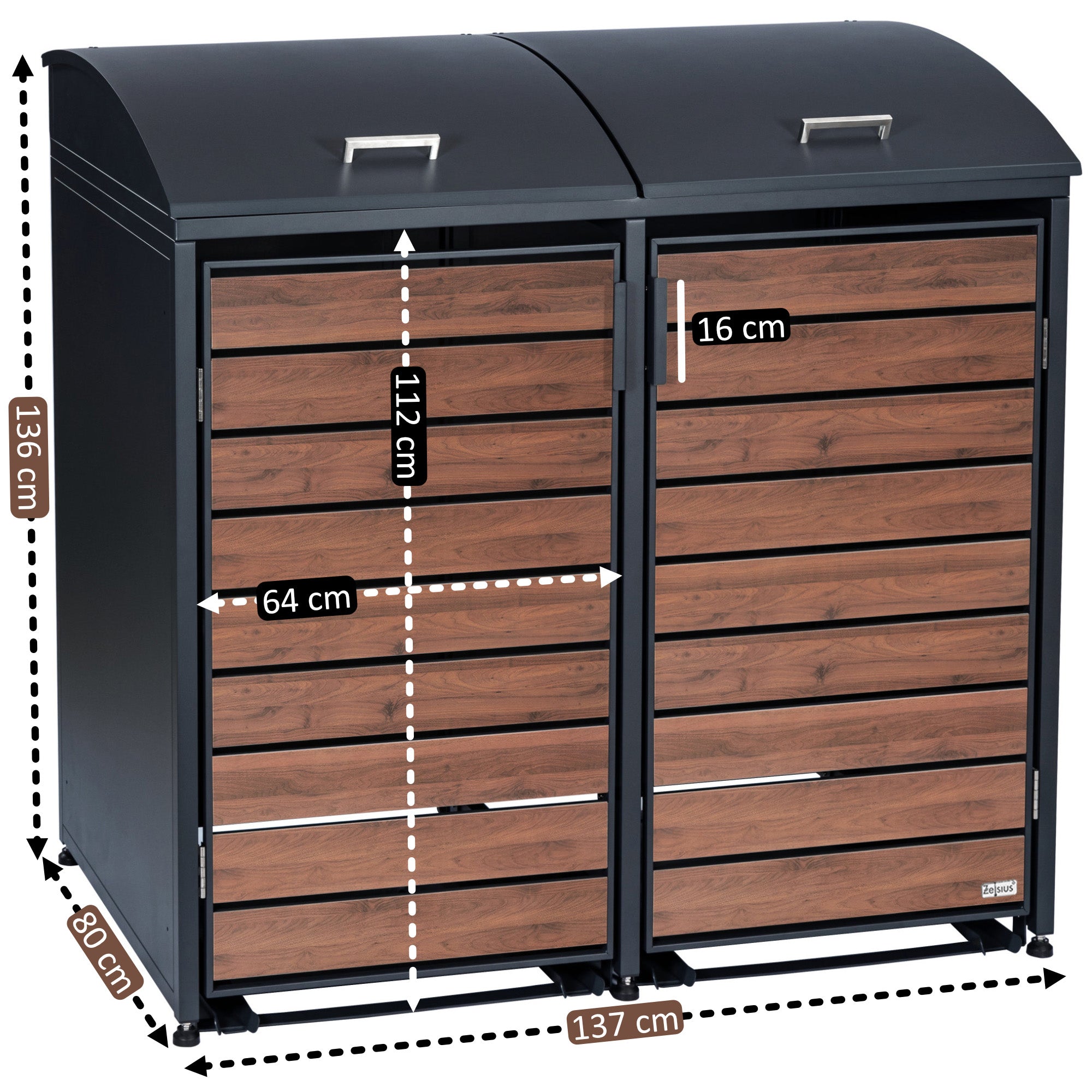 Bin storage unit, set of 2, anthracite RAL 7016, door with wood look, including rounded lid