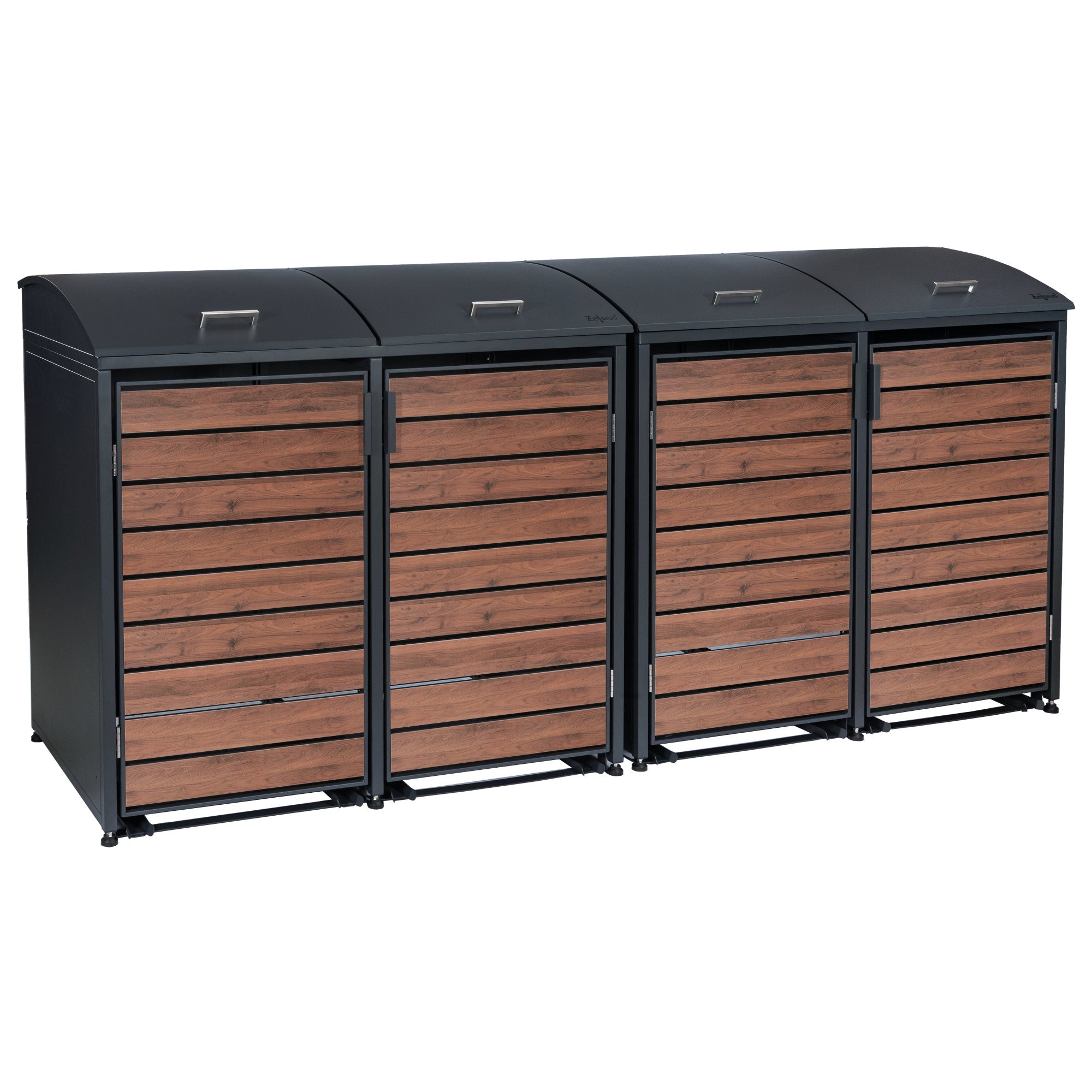 Bin storage unit, set of 4, anthracite RAL 7016, door with wood look, including rounded lid