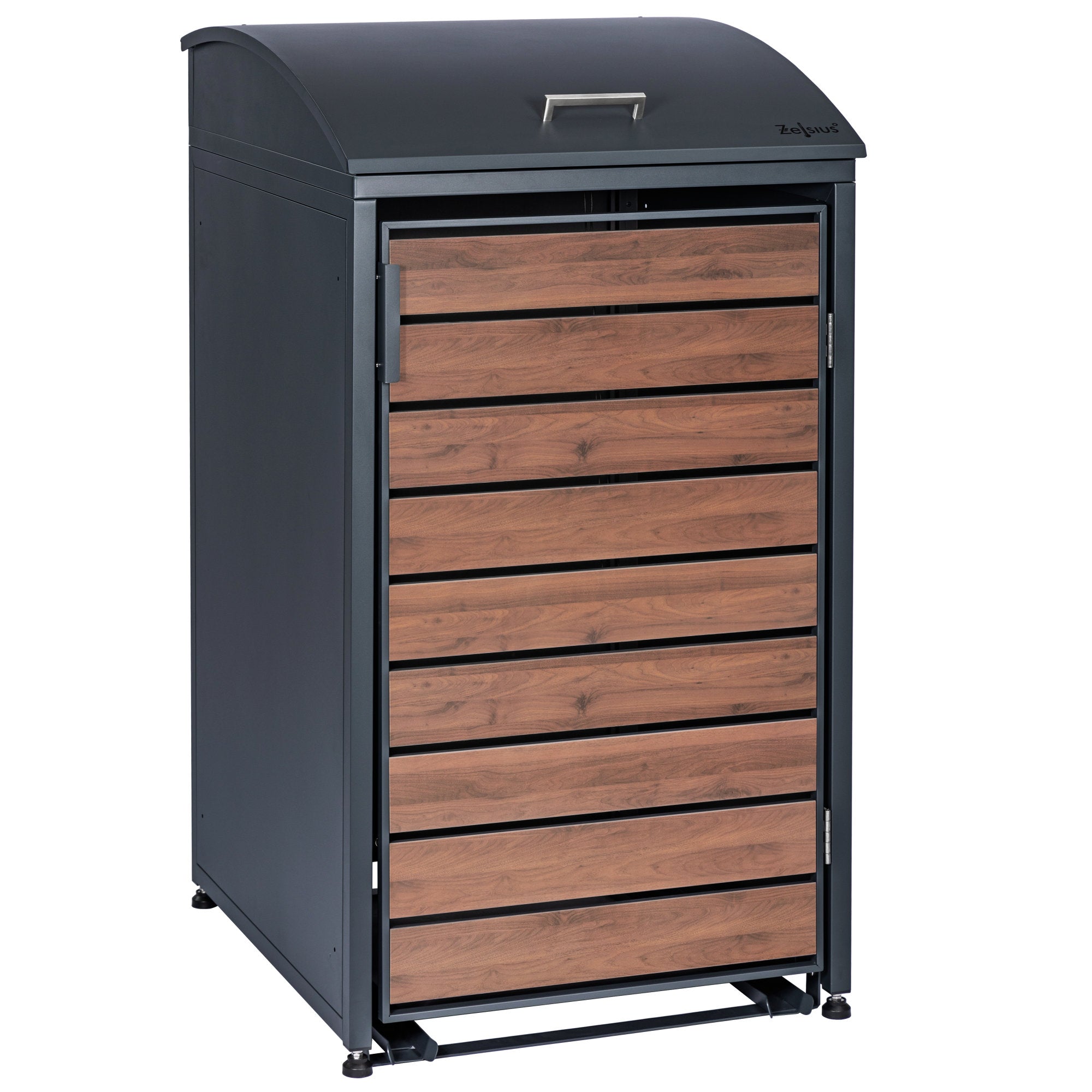 Bin storage box, anthracite RAL 7016, door in wood look, including rounded lid