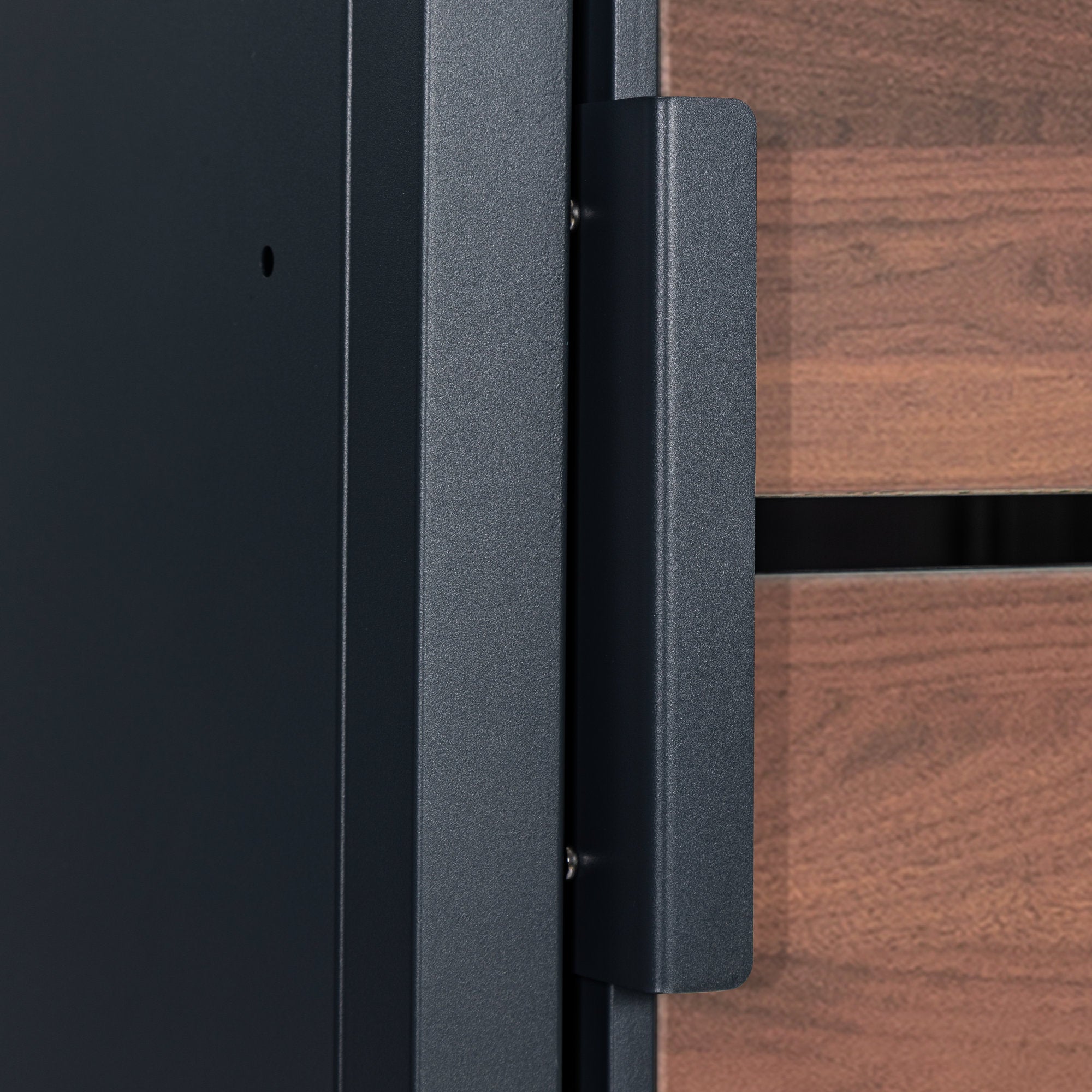 Bin storage box, anthracite RAL 7016, door in wood look, including rounded lid