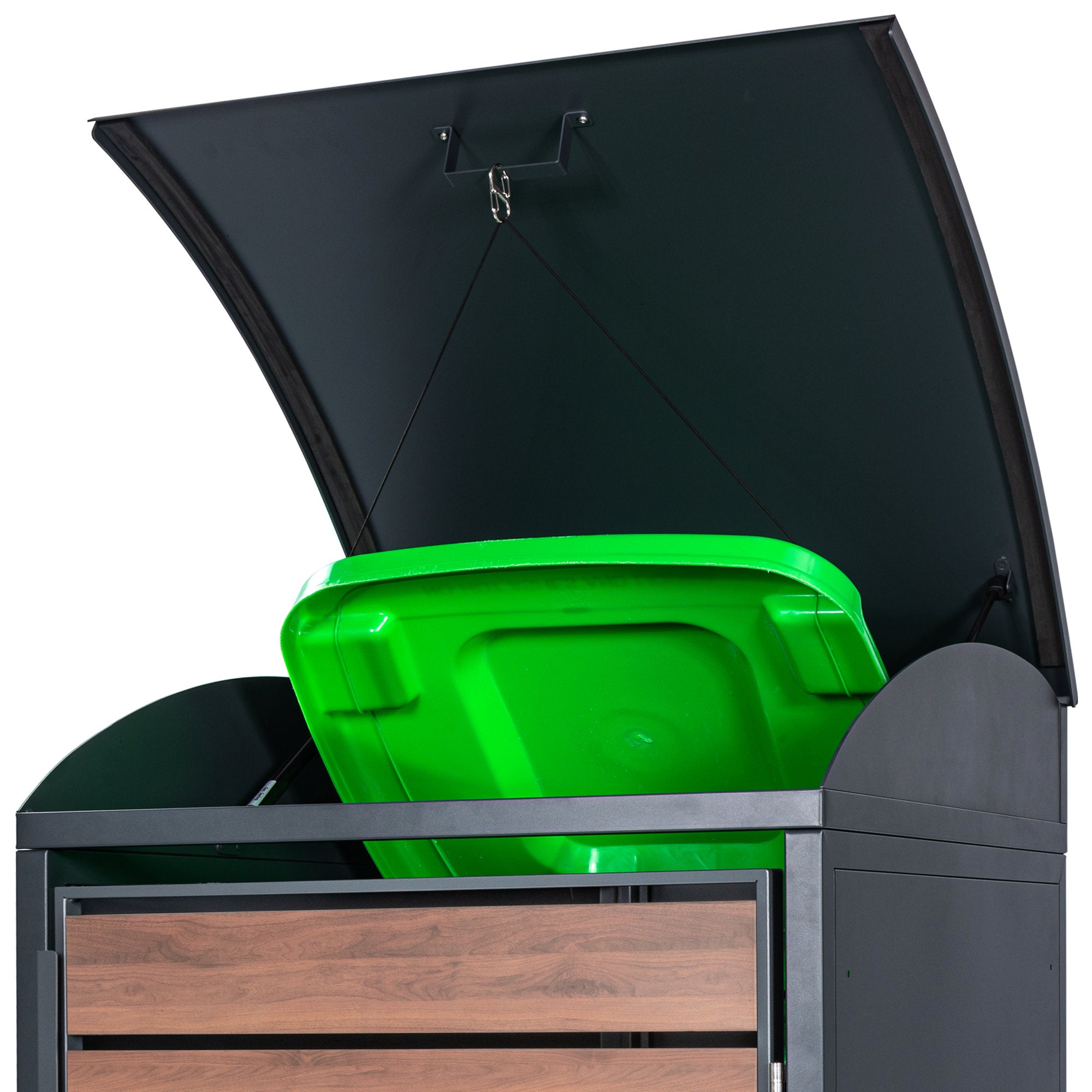 Bin storage box, anthracite RAL 7016, door in wood look, including rounded lid