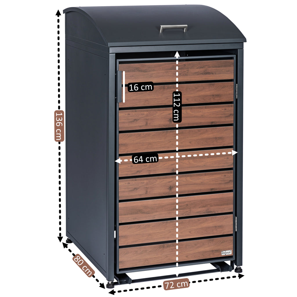 Bin storage box, anthracite RAL 7016, door in wood look, including rounded lid