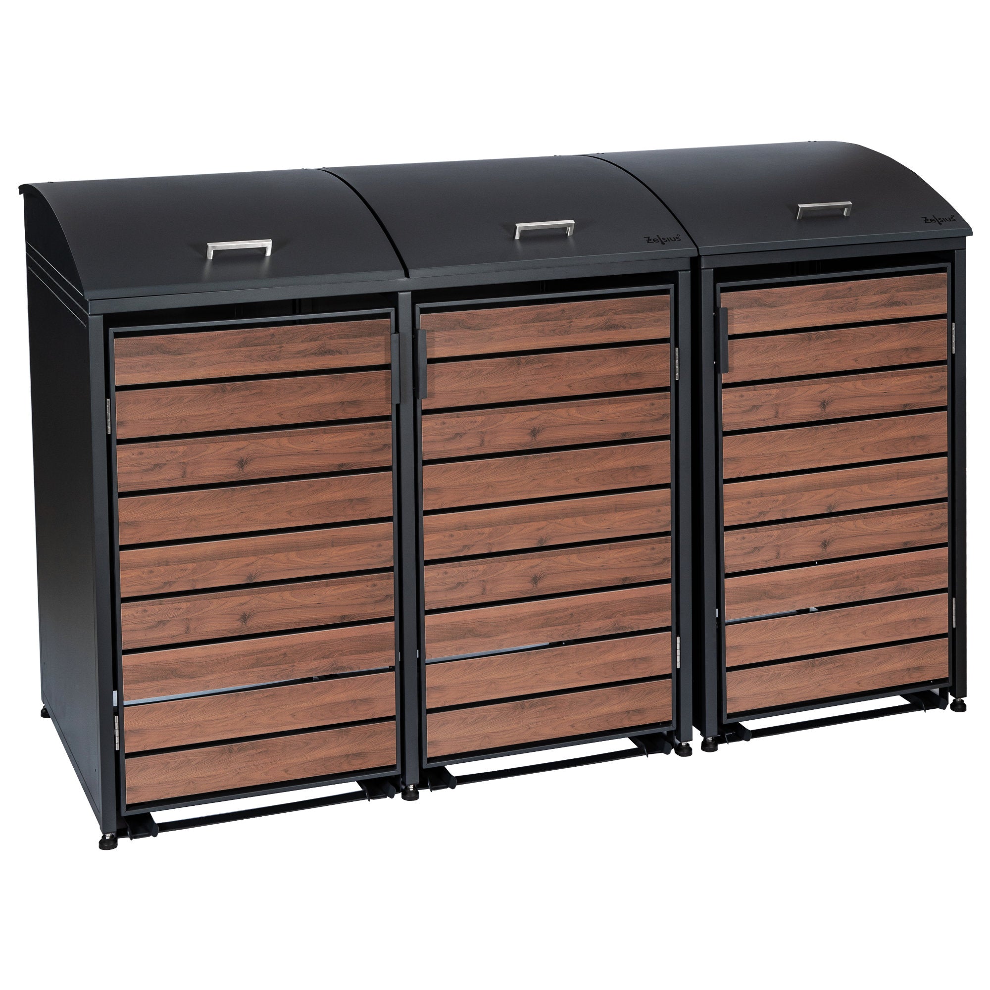 Bin storage unit, set of 3, anthracite RAL 7016, door with wood look, including rounded lid
