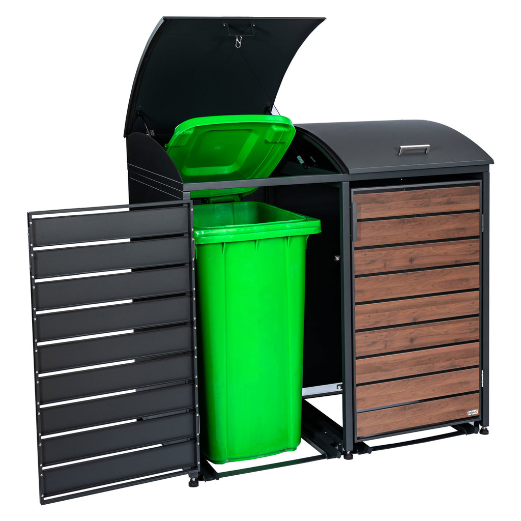 Bin storage unit, set of 2, anthracite RAL 7016, door with wood look, including rounded lid