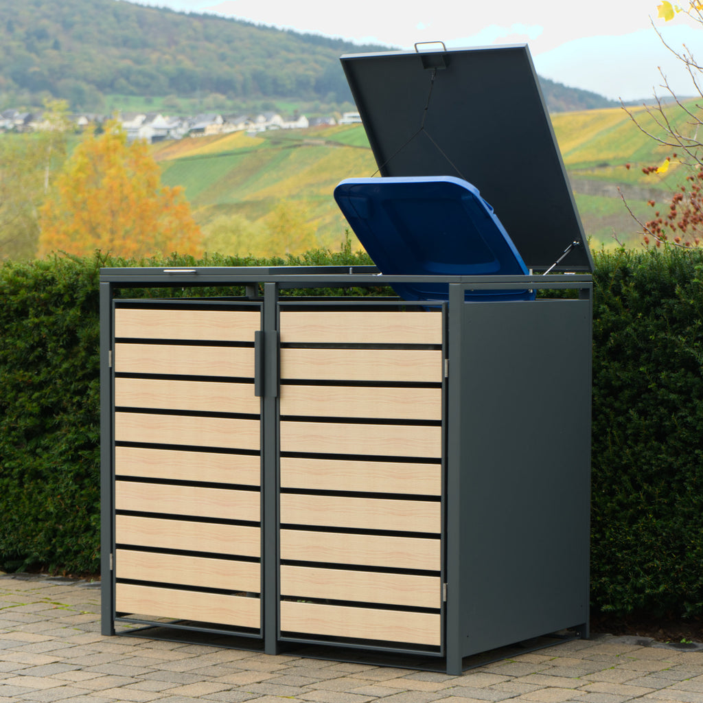 Ensemble de 4 poubelles, anthracite RAL 7016, porte aspect bois