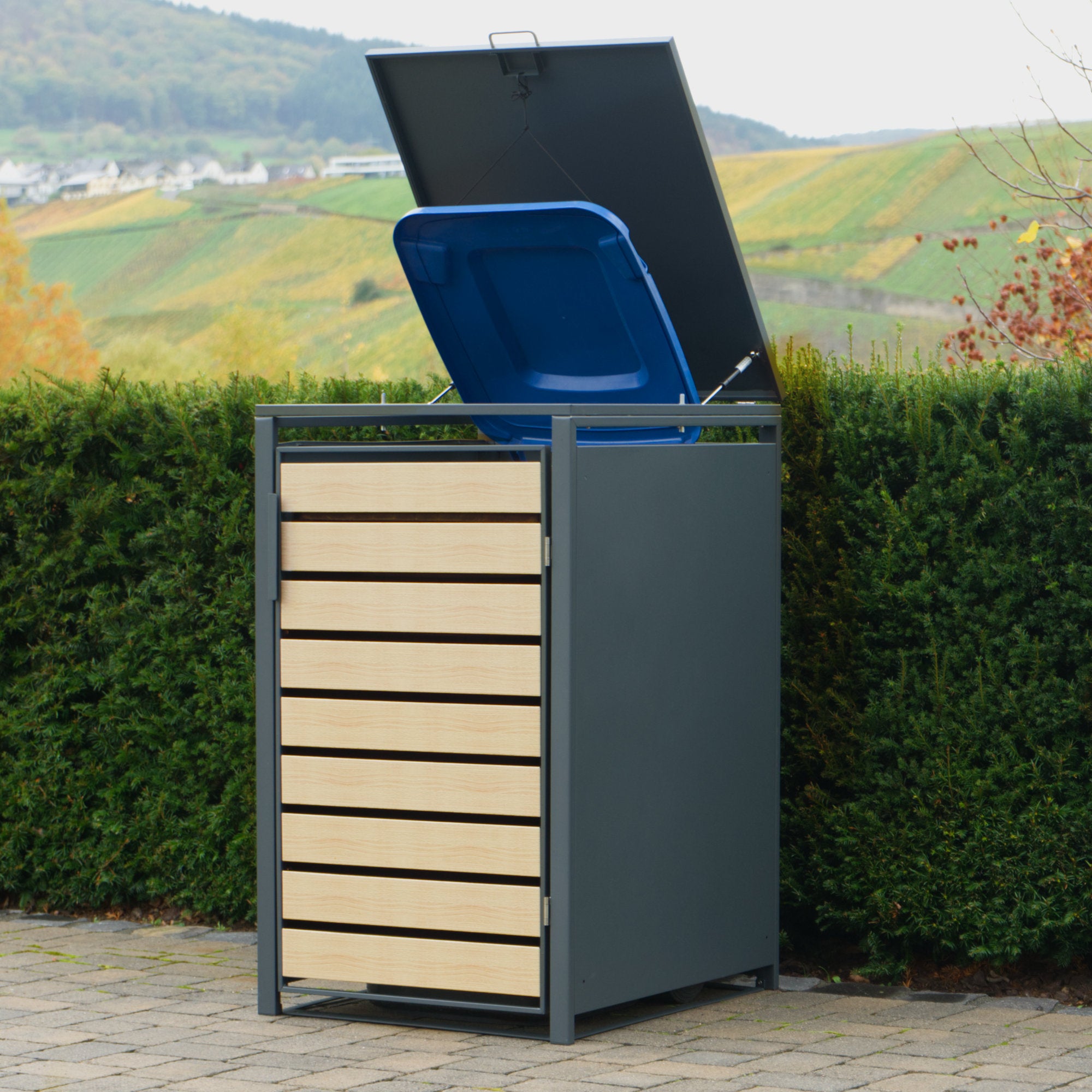 Bin storage box, anthracite RAL 7016, door in wood look