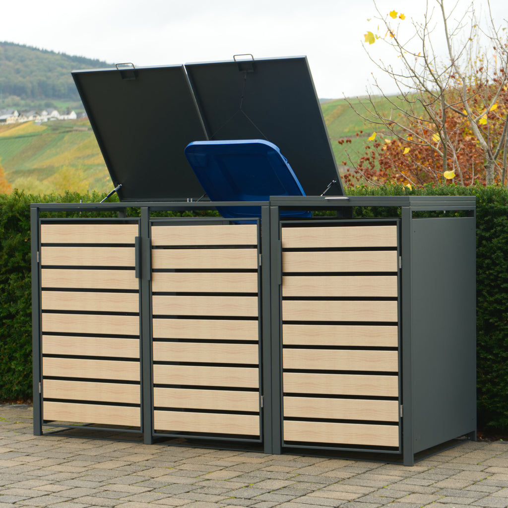 Ensemble de 3 poubelles, anthracite RAL 7016, porte imitation bois