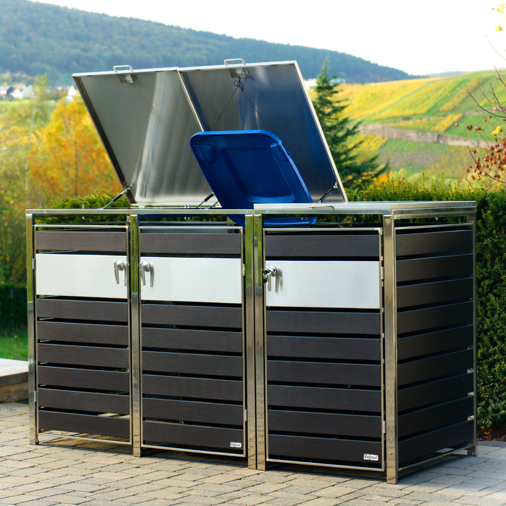 Mülltonnenbox, 3er Set, Anthrazit RAL 7016, Edelstahlelemente